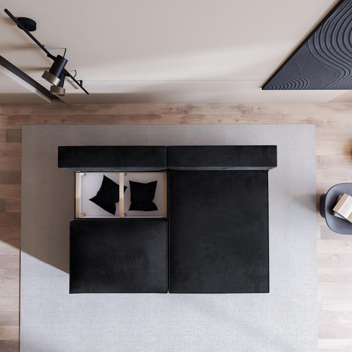 ECKSOFA FIORO M Schwarz Velours-Stoff mit Schlaffunktion - Schwarz/Grau, Holz/Kunststoff (204/148cm) - MASSENO