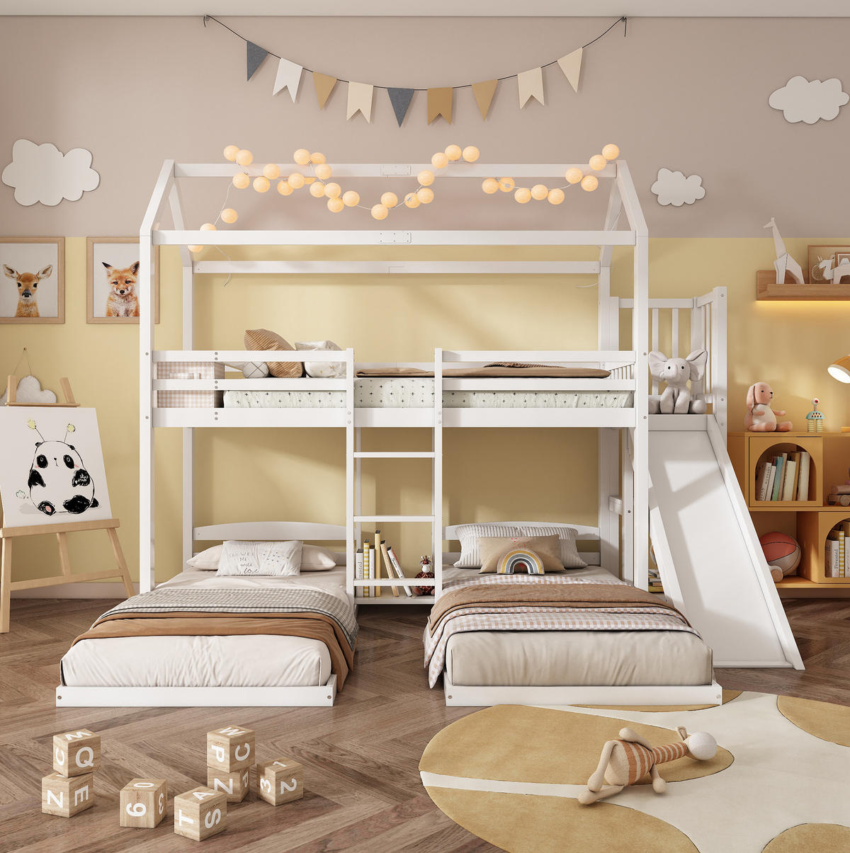 ETAGENBETT aus Kiefernholz und MDF 90x200 cm Weiß mit Rutsche, Leiter und 3 Schlafplätzen - Weiß, Holzwerkstoff (90/200cm) - IVMEU