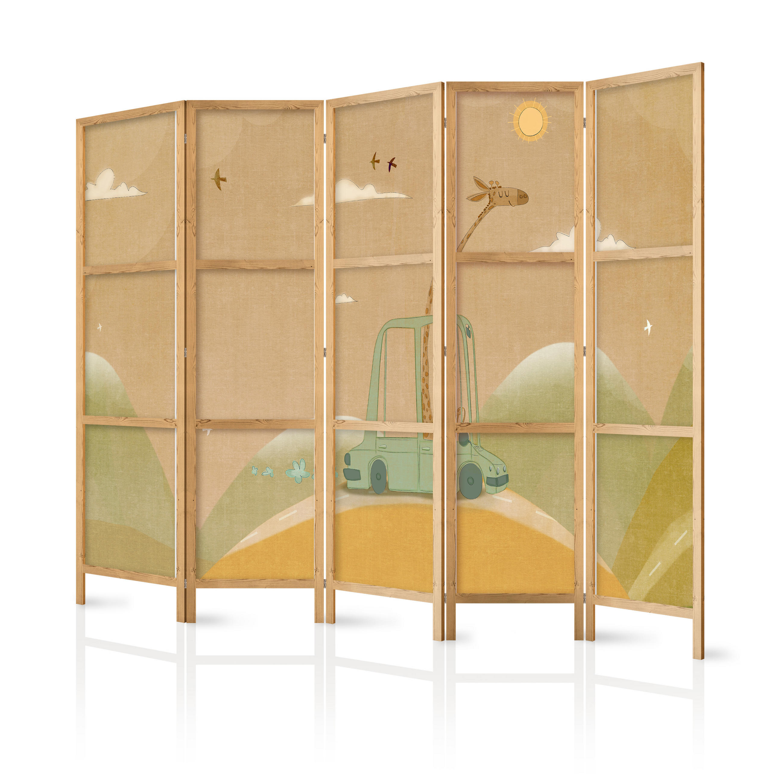 PARAVENT Japanischer 5-tlg 225x172 cm Giraffe Im Auto - Braun, Holz/Textil (225/172/3cm) - Muralo