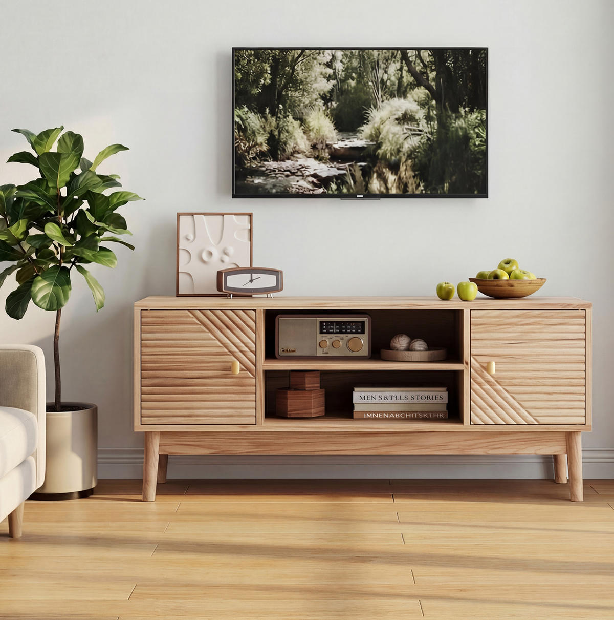 TV stolek 110/40/48 cm s úložným prostorem, kabelovým vedením a tichým zavíráním, Dub - hnědá, kompozitní dřevo (110/48/40cm) - Redom