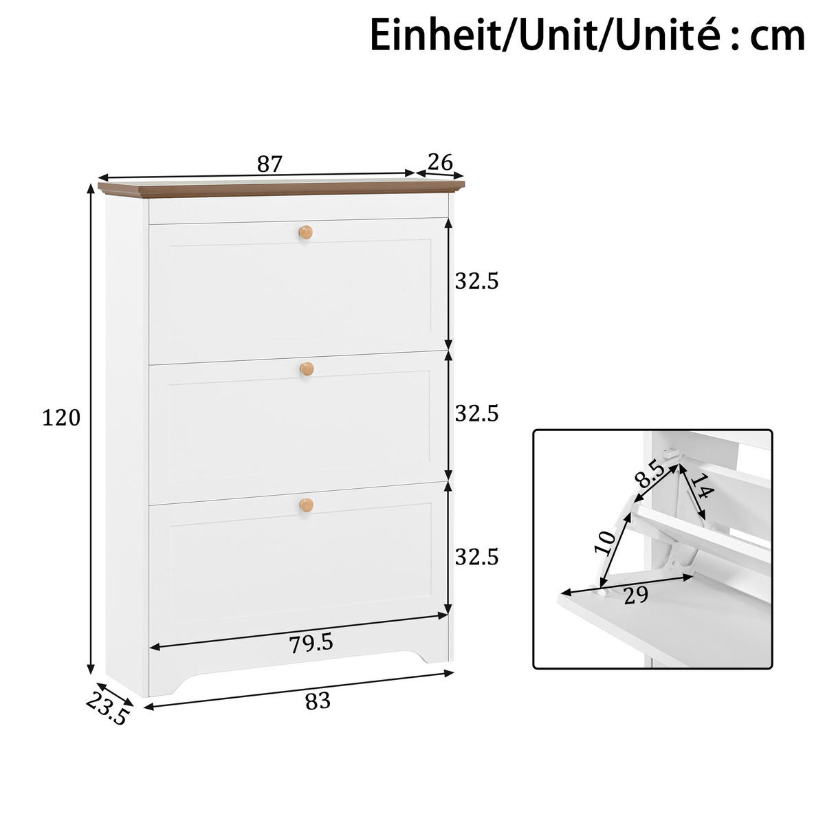 SCHUHSCHRANK in Weiß Schuhkommode mit 3 Klappen und runden Griffen für Flur und Eingangsbereich, B87/T26/H120cm - Weiß, Holzwerkstoff/Metall (83/120/23.5cm) - STILVORA