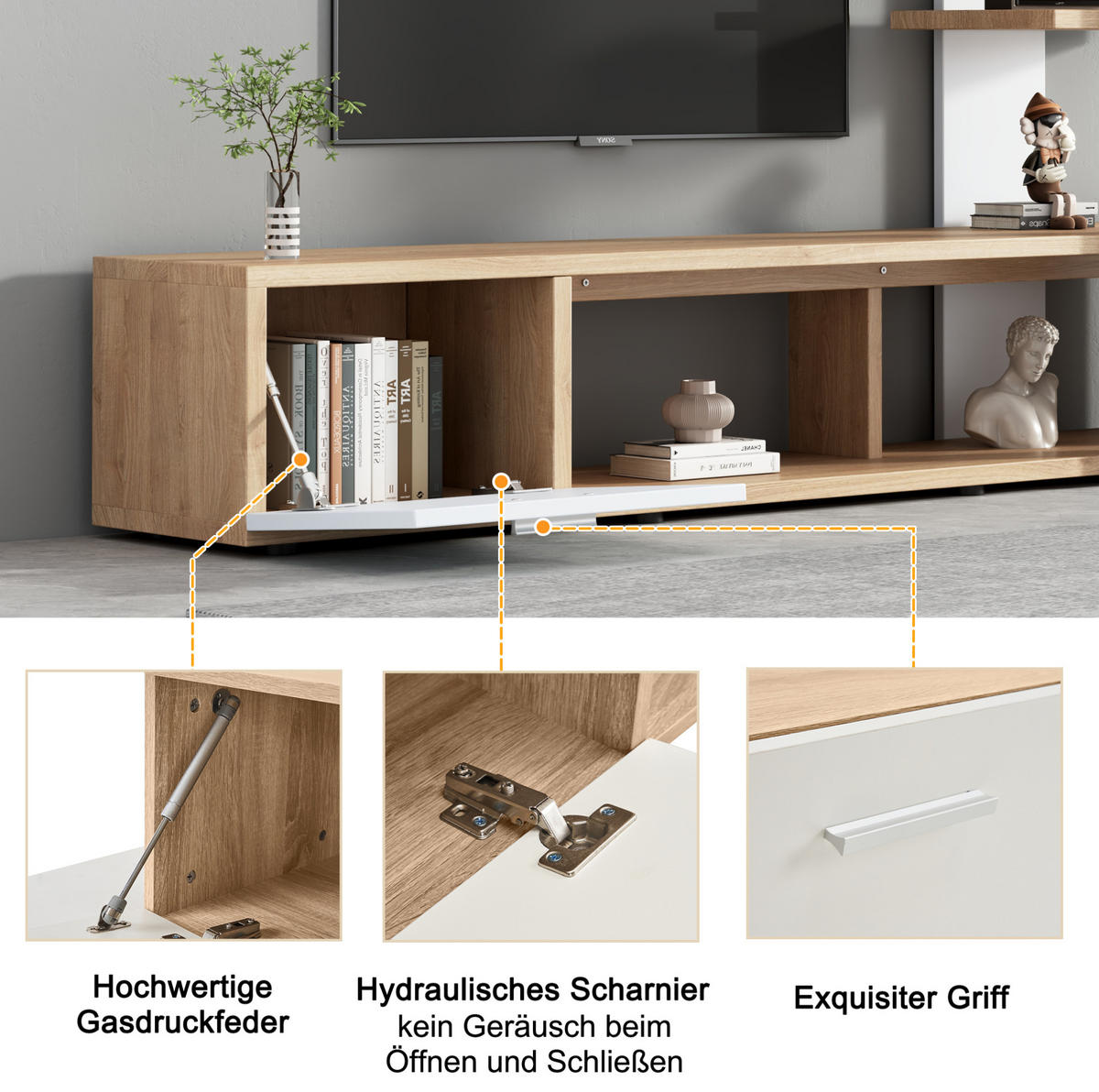 TV-WOHNWAND 180/33,5/151,5 cm aus Spanplatte mit 5 offenen Fächern Weiß/Eichefarben - Weiß, Holzwerkstoff (180/151.5/33.5cm) - Modenvie