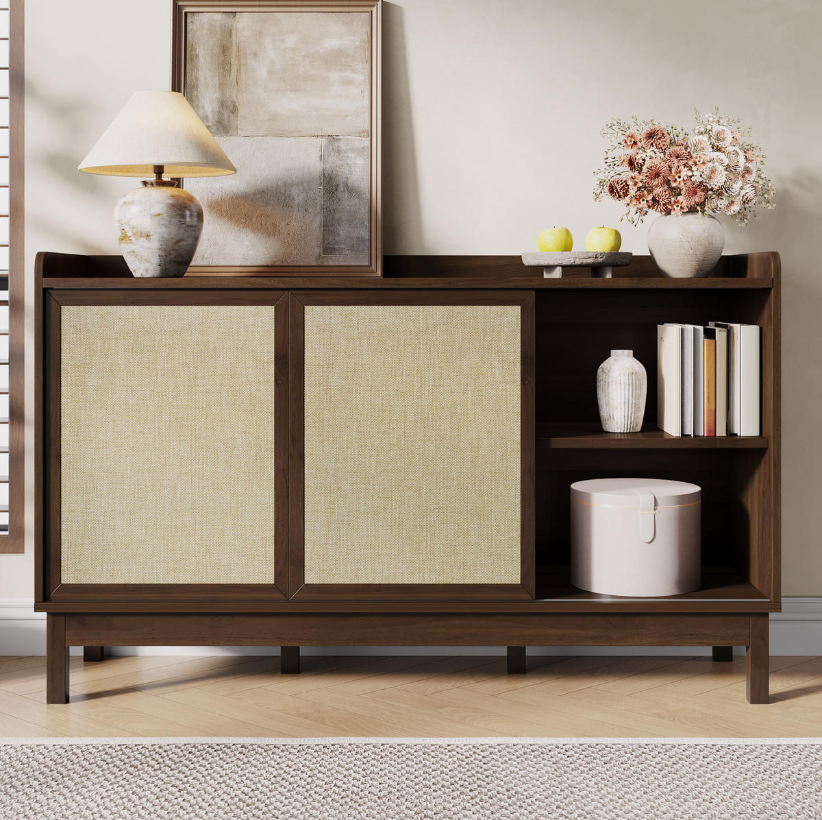 KOMMODE aus Spanplatte 150x39,5x80cm in Walnussfarben mit Schiebetüren - Walnussfarben, Holzwerkstoff (150/80/39.5cm) - Modfu