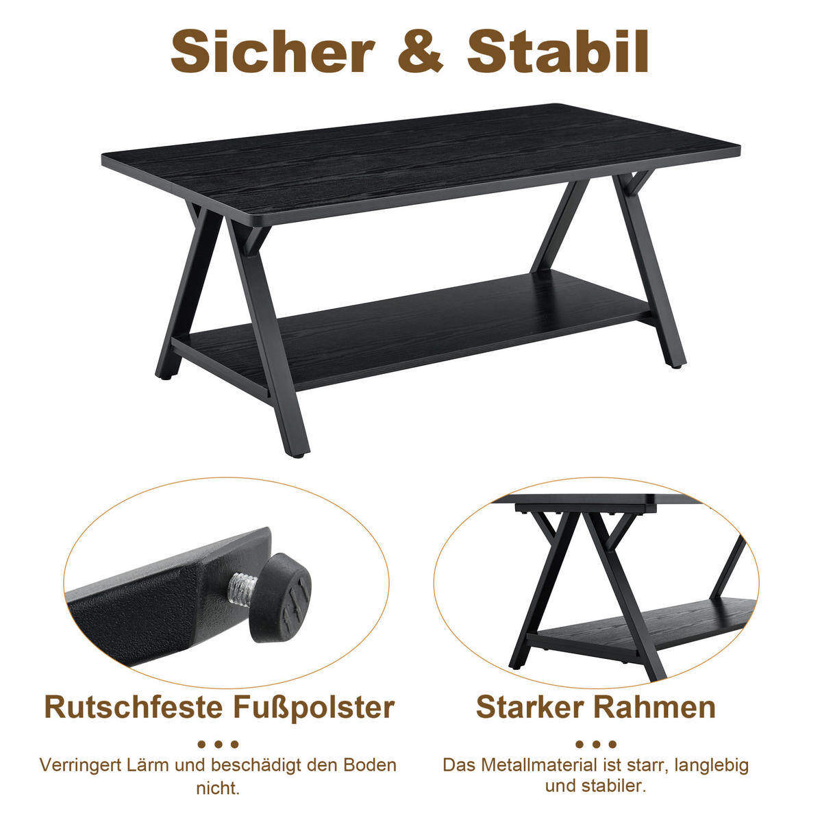 COUCHTISCH 110/57/44.5 cm schwarz aus MDF und Metall mit Stauraumregal - Schwarz, Holzwerkstoff (110/57/44.5cm) - OKMYHOME