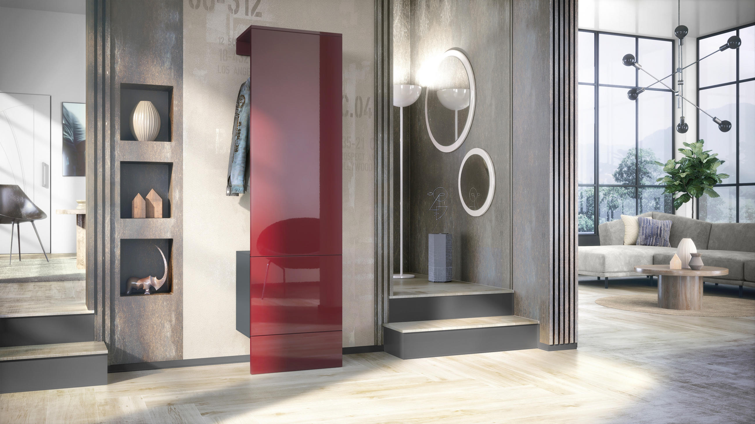 GARDEROBE Hollywood Bordeaux Hochglanz - Bordeaux, Holzwerkstoff (123/193/35cm) - Vladon