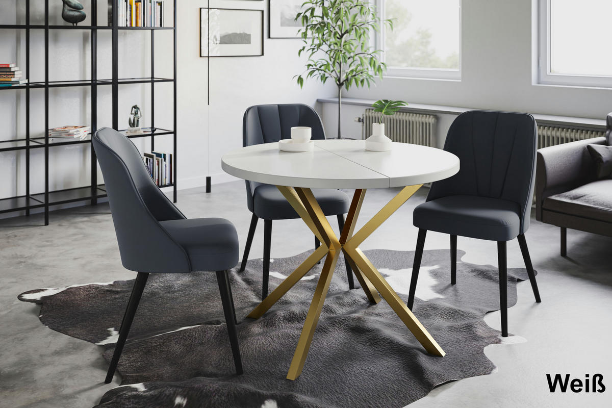 ESSZIMMERTISCH LOFT LITEN, ausziehbarer Tisch 120 cm/200 cm, Farbe: Weiß, mit Metallbeinen in Farbe Gold - Goldfarben/Weiß, Holzwerkstoff (120/120/76cm) - Alpi-Möbel