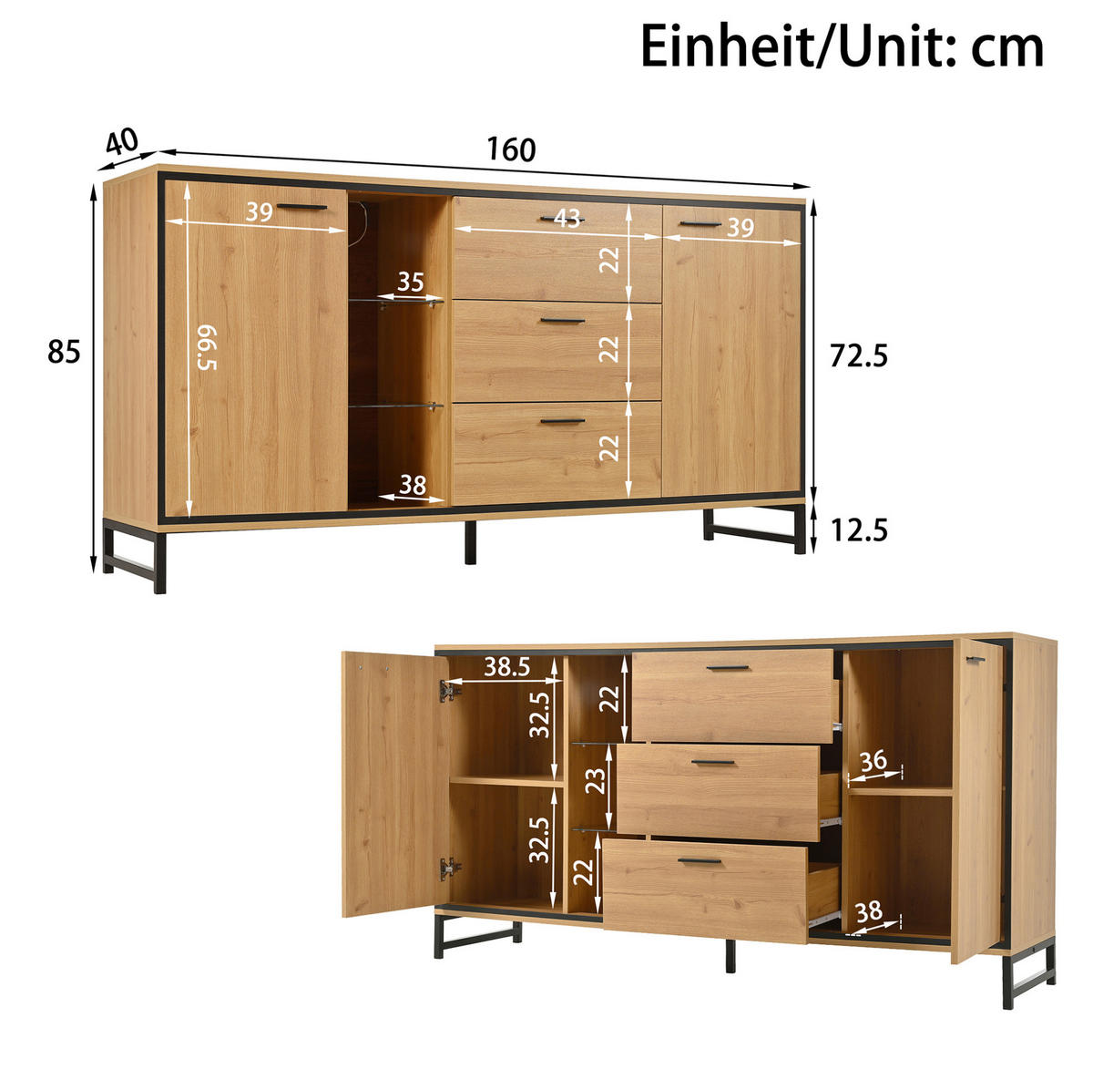 BOČNÍ skříň 160/40/85 cm přírodní a černá z dřevotřísky s LED osvětlením - přírodní, kompozitní dřevo (160/85/40cm) - OKWISH