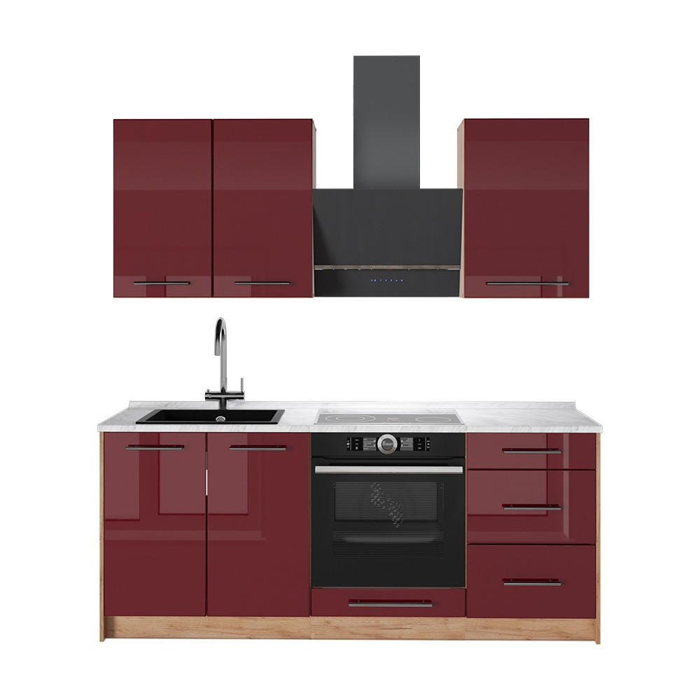SAMOSTATNÁ KUCHYŇA Fame-Line, Bordeaux vysoký lesk/Dub Goldkraft, 190 cm, AP Marble - bordová/dub medový, kompozitné drevo (190/82/60cm) - Vicco