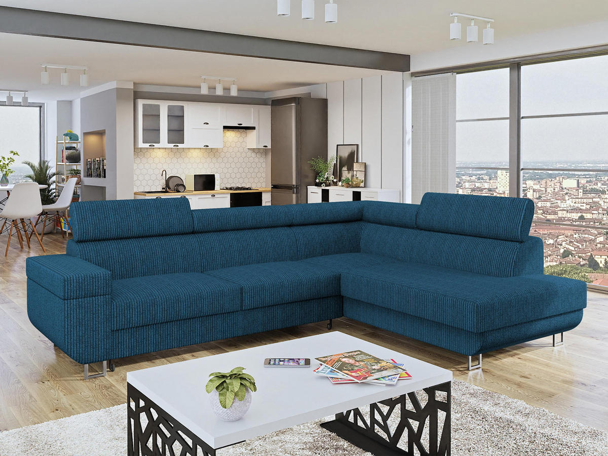 ECKSOFA Fonti Cord, Seite: Rechts - Blau, Holz/Textil (253/188cm) - MIRJAN24