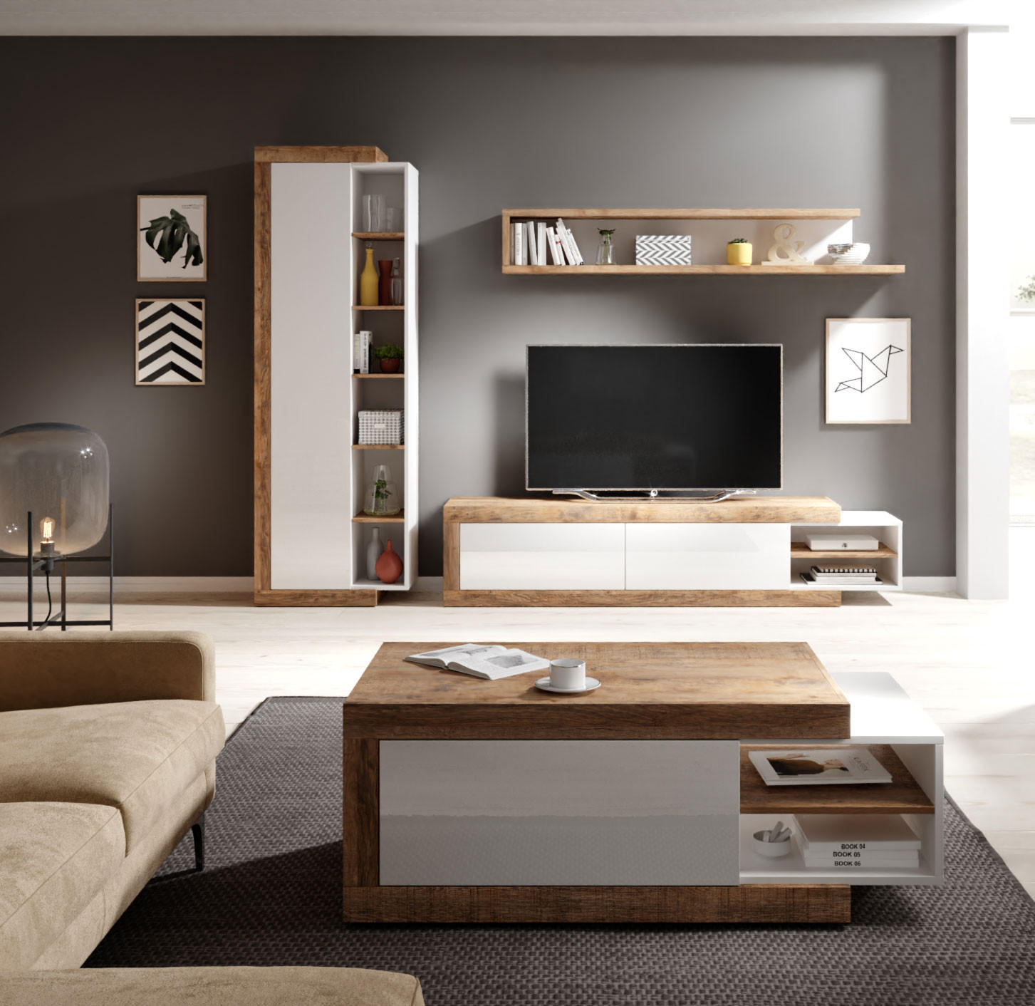 WOHNZIMMER-SET 4-teilig Saragossa weiß Hochglanz / Samdal Eiche - Weiß Hochglanz/Braun, Holz/Holzwerkstoff (227/200/60cm) - Feldmann-Wohnen