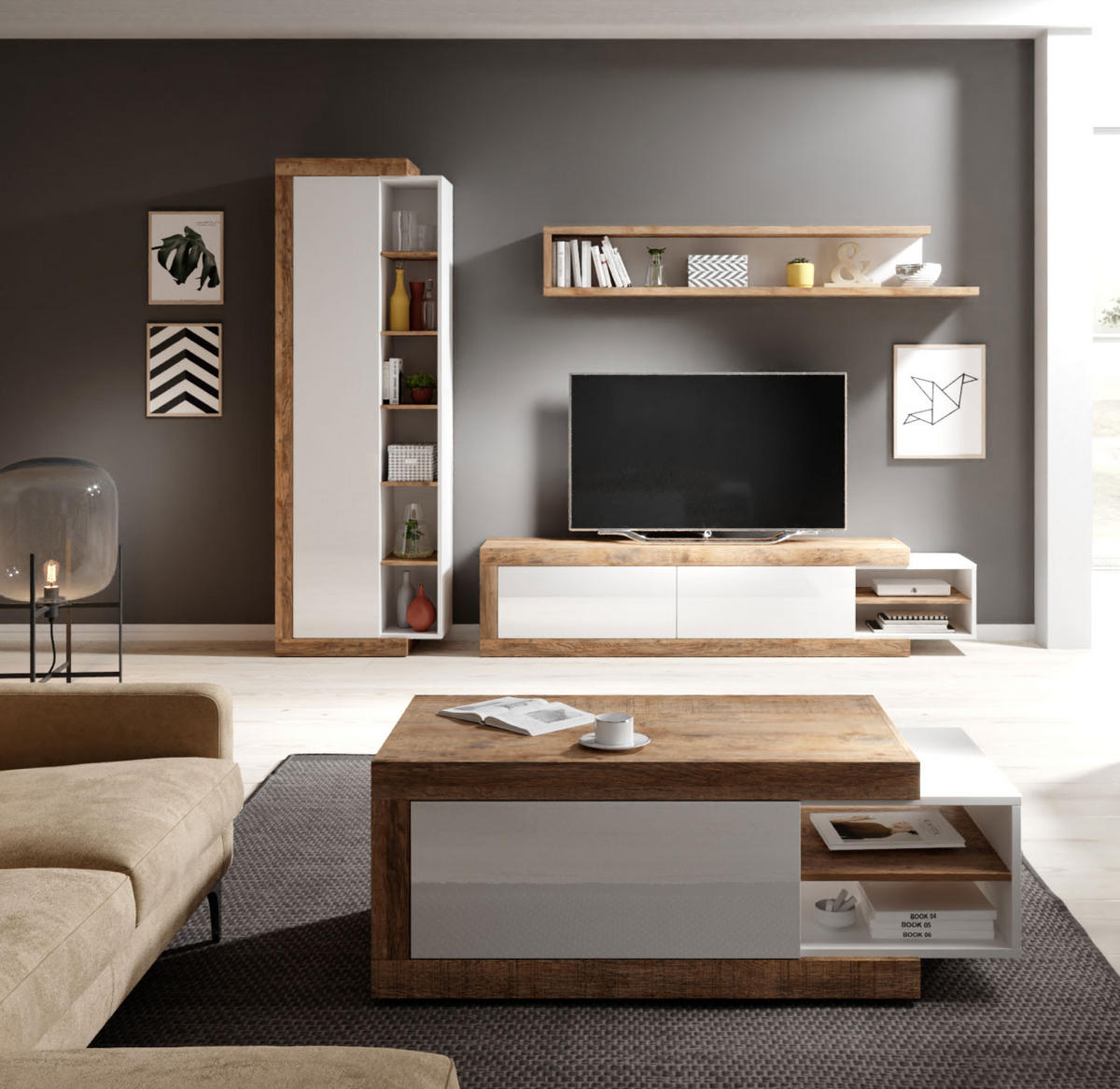 WOHNZIMMER-SET 4-teilig Saragossa weiß Hochglanz / Samdal Eiche - Weiß Hochglanz/Braun, Holz/Holzwerkstoff (227/200/60cm) - Feldmann-Wohnen