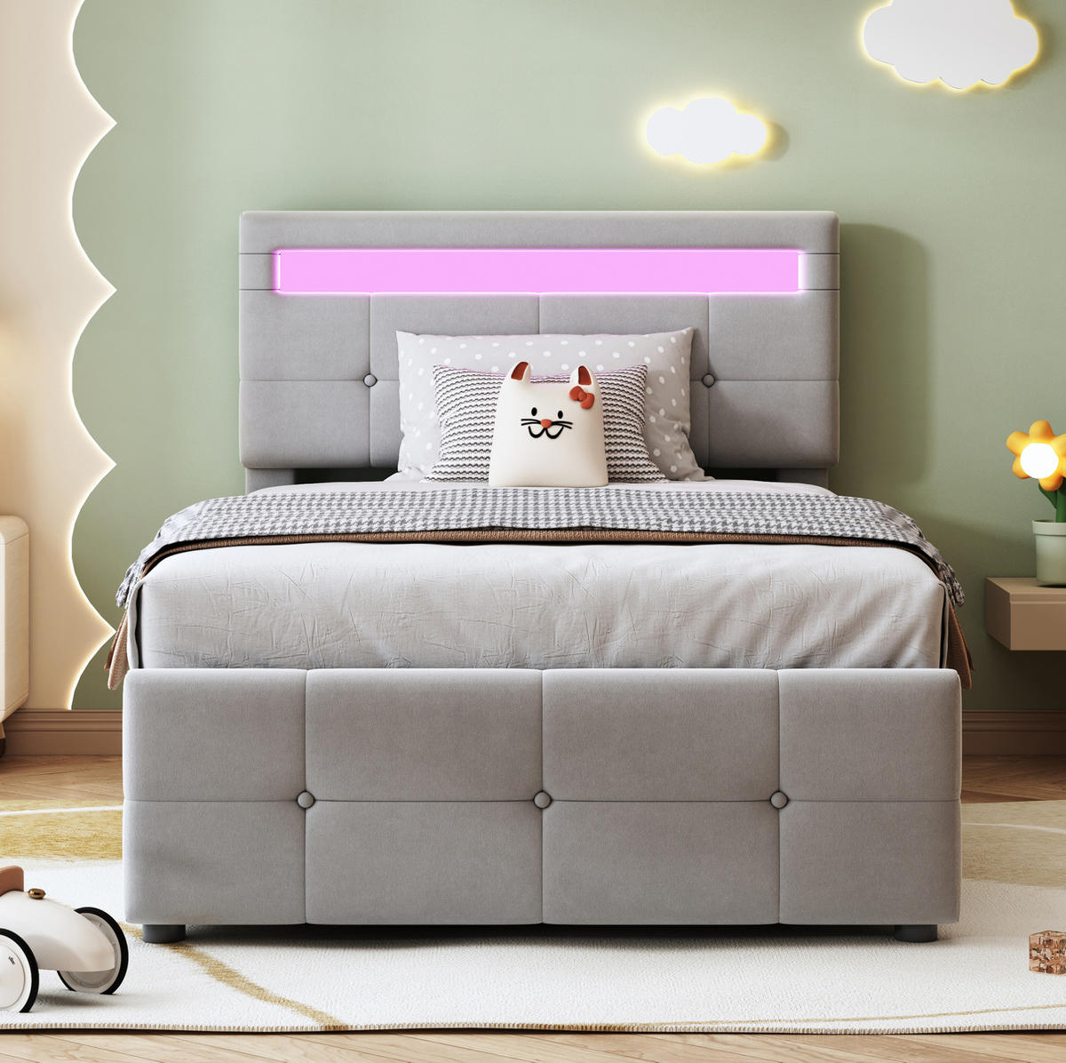 POLSTERBETT 90/200 cm mit LED-Beleuchtung, hydraulischem Stauraum und verstellbarem Kopfteil, Grau - Grau, Textil (90/200cm) - Redom