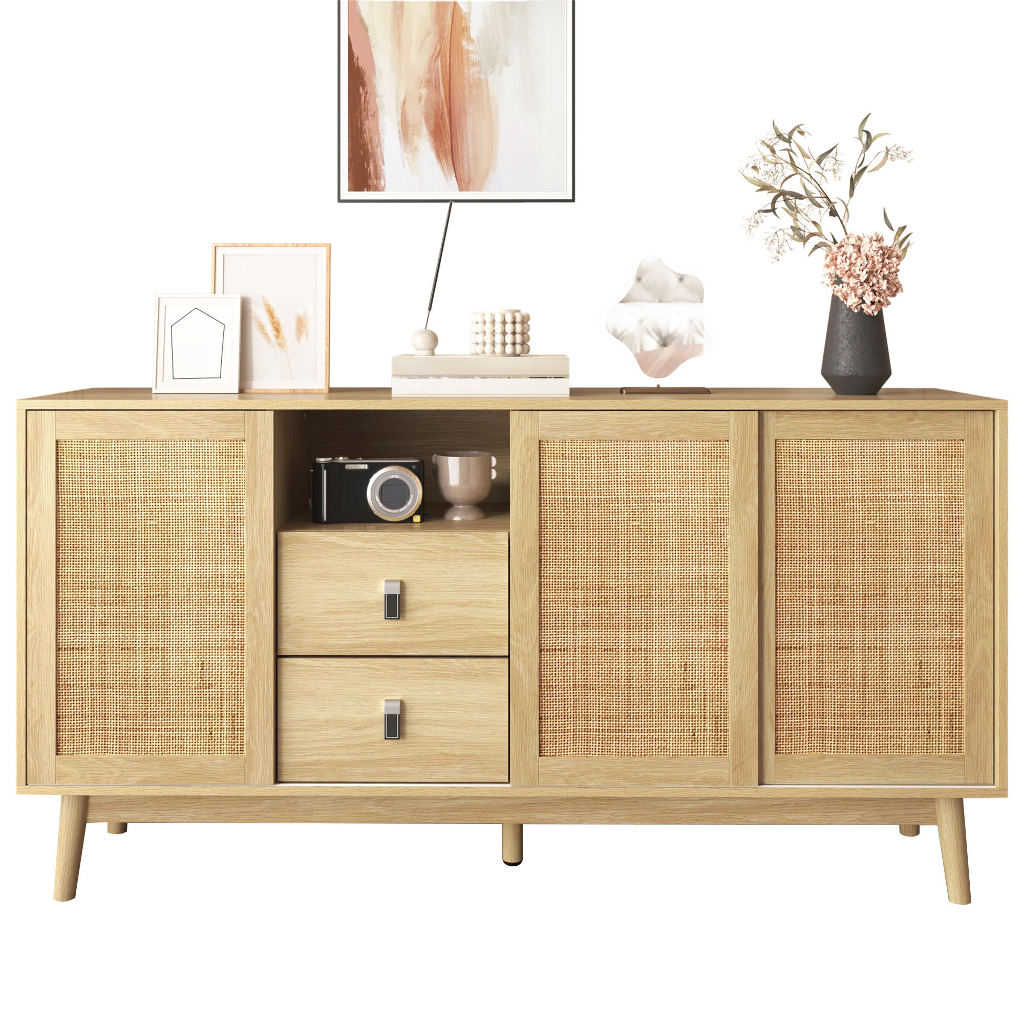 SIDEBOARD in Naturfarben mit Schiebetüren aus echtem Rattan und Schubladen für Wohnzimmer, B155/T38/H80 cm - Naturfarben, Holzwerkstoff (155/80/38cm) - STILVORA