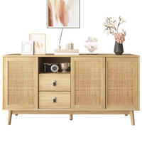 SIDEBOARD in Naturfarben mit Schiebetüren aus echtem Rattan und Schubladen für Wohnzimmer, B155/T38/H80 cm - Naturfarben, Holzwerkstoff (155/80/38cm) - STILVORA