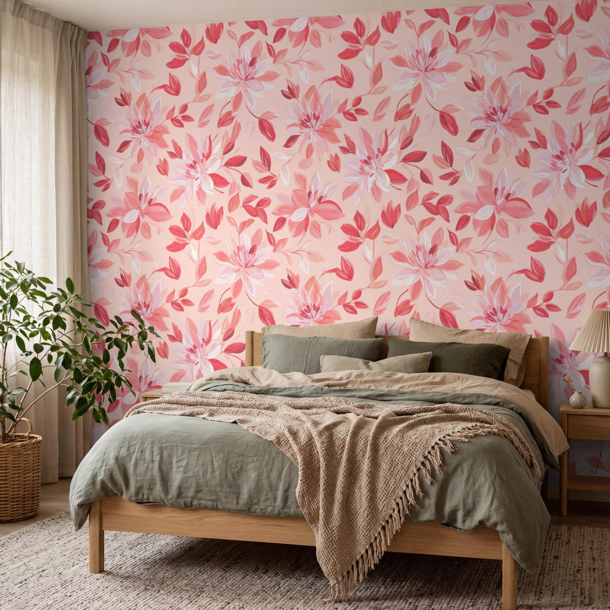 TAPETE - Botanisch - Blumen - Rot - 350x280 cm - Koralle, Papier (350/280cm) - OnlyWow
