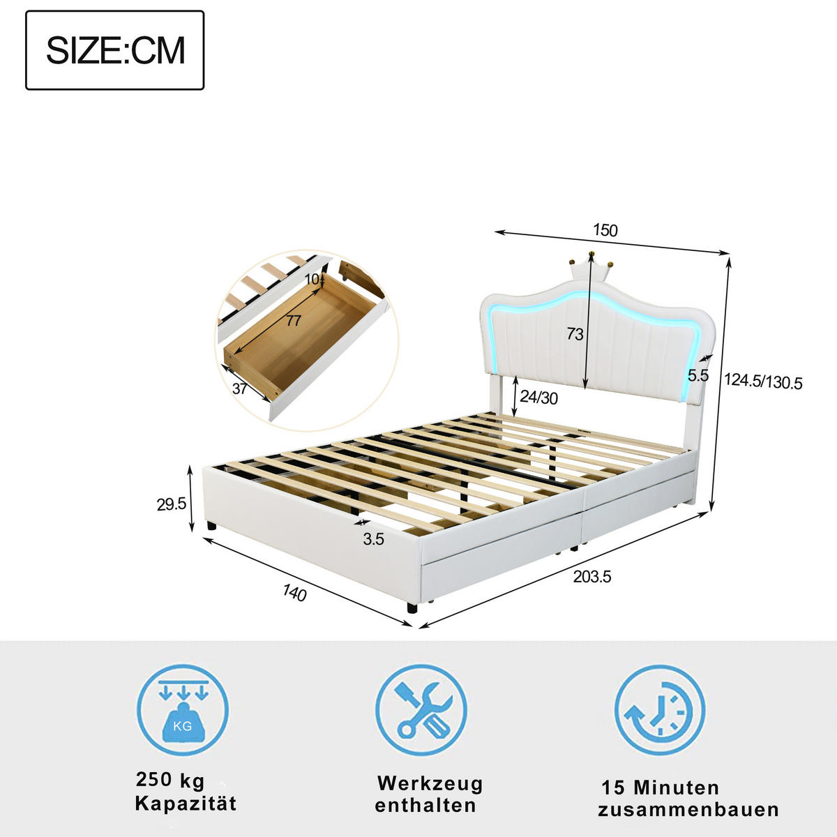 POLSTERBETT 140/200 cm weiß mit Stauraum und LED-Beleuchtung - Weiß, Textil (140/200cm) - OKWISH