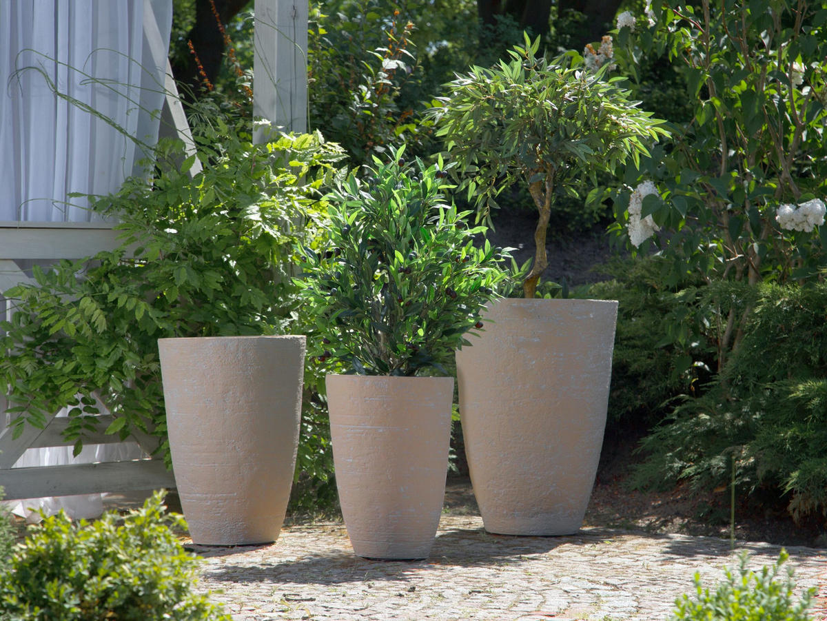 BLUMENTOPF 2er-Set sandbeige rund 43/43/60 cm Camia - Beige, Stein (60cm) - Beliani
