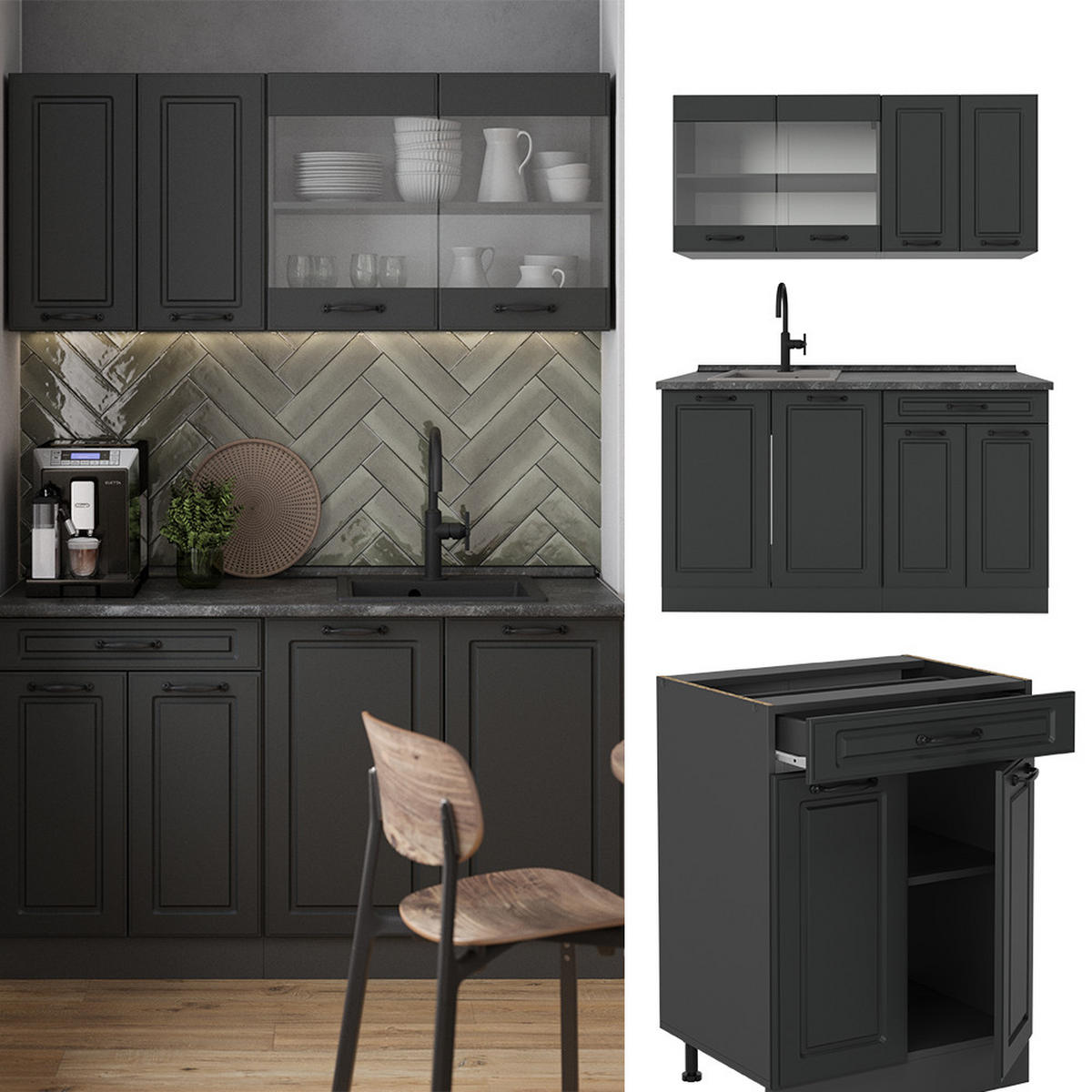 SINGLEKÜCHE R-Line Anthrazit Landhaus/Anthrazit 140 cm ohne Arbeitsplatte - Anthrazit, Holzwerkstoff (140/81.6/46cm) - Vicco