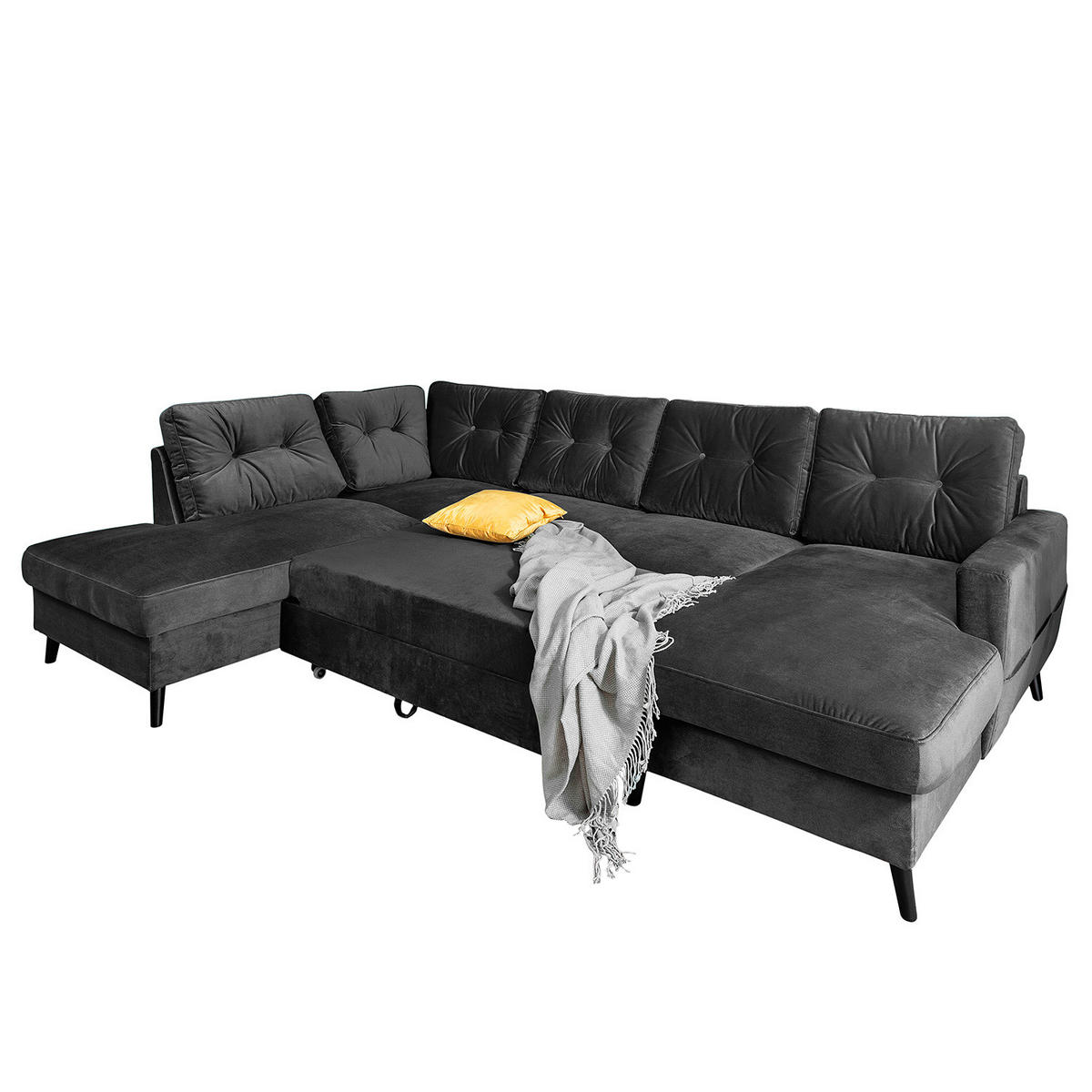 WOHNLANDSCHAFT mit Longchair - Schwarz/Grau, Buchenholz/Textil (297/90/200cm) - home24