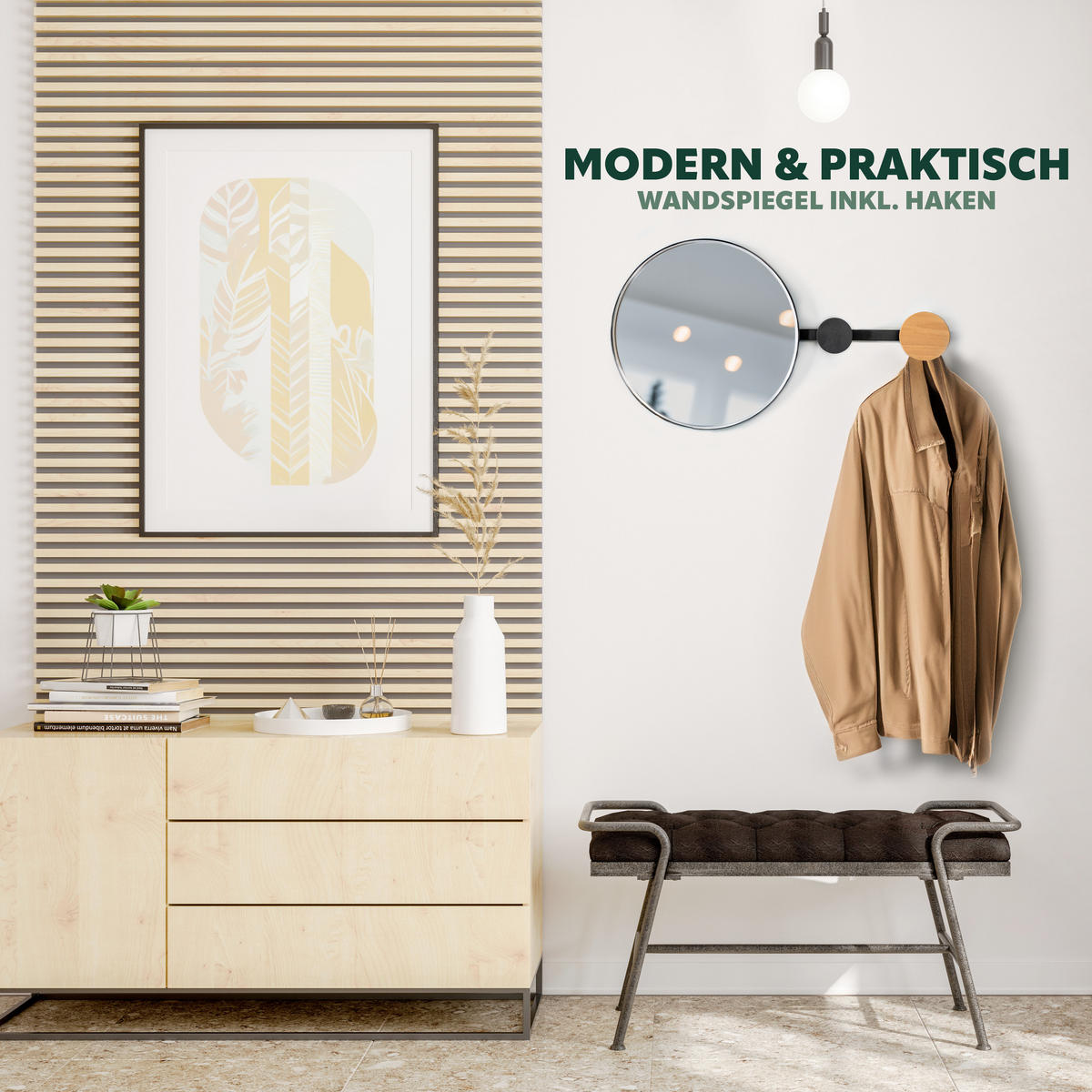 WANDSPIEGEL inkl. Garderobenhaken - Schwarz, Metall (63.5/35.5/5cm) - bremermann