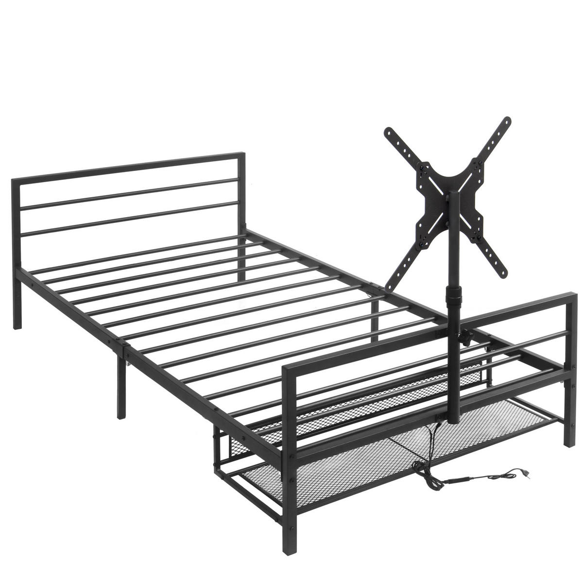 METALNI krevet 206 cm s LED osvjetljenjem, podesivim nosačem i spremišnim košaricama, Crna - crna, metal (90/200cm) - Redom