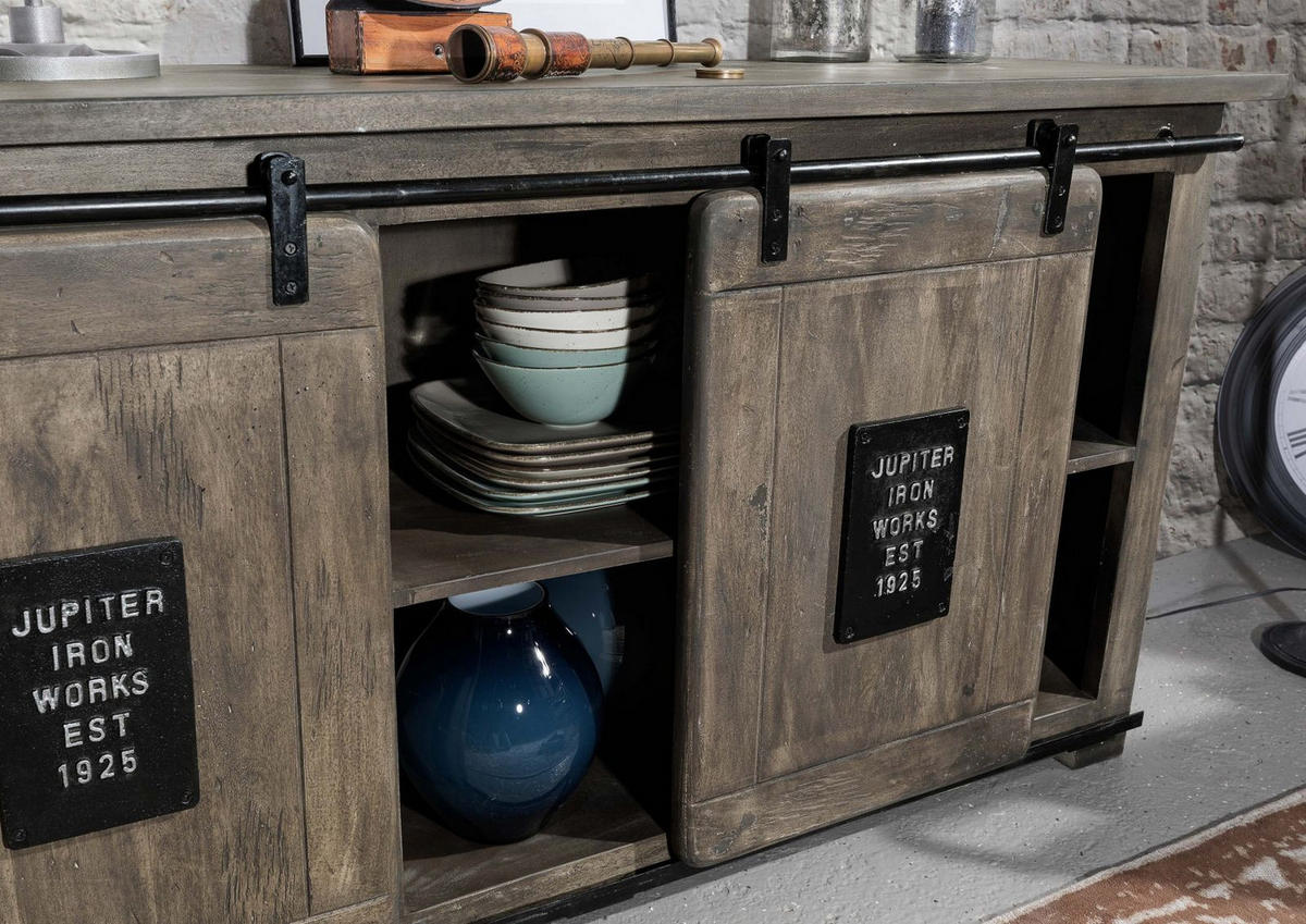 SIDEBOARD Mango 150x45x80 grau lackiert RAILWAY #200 - Grau, Holz (150/80/45cm) - Massivmoebel24