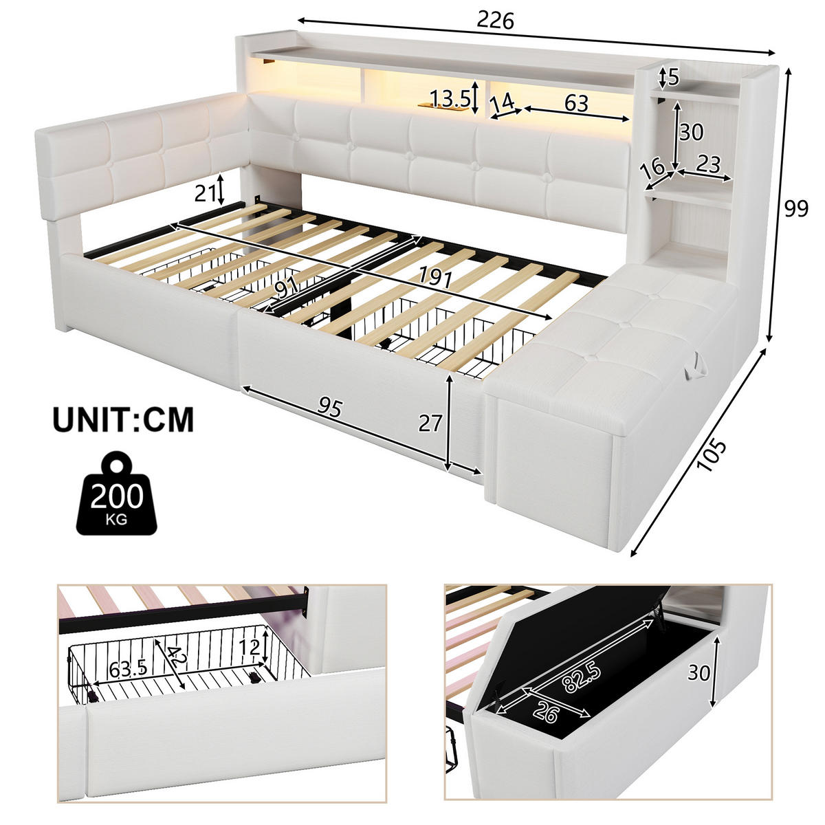 TAGEBETT 90x190cm Weiß Samt 2 Schubladen USB LED-Licht - Weiß, Holz (90/190cm) - FLIEKS