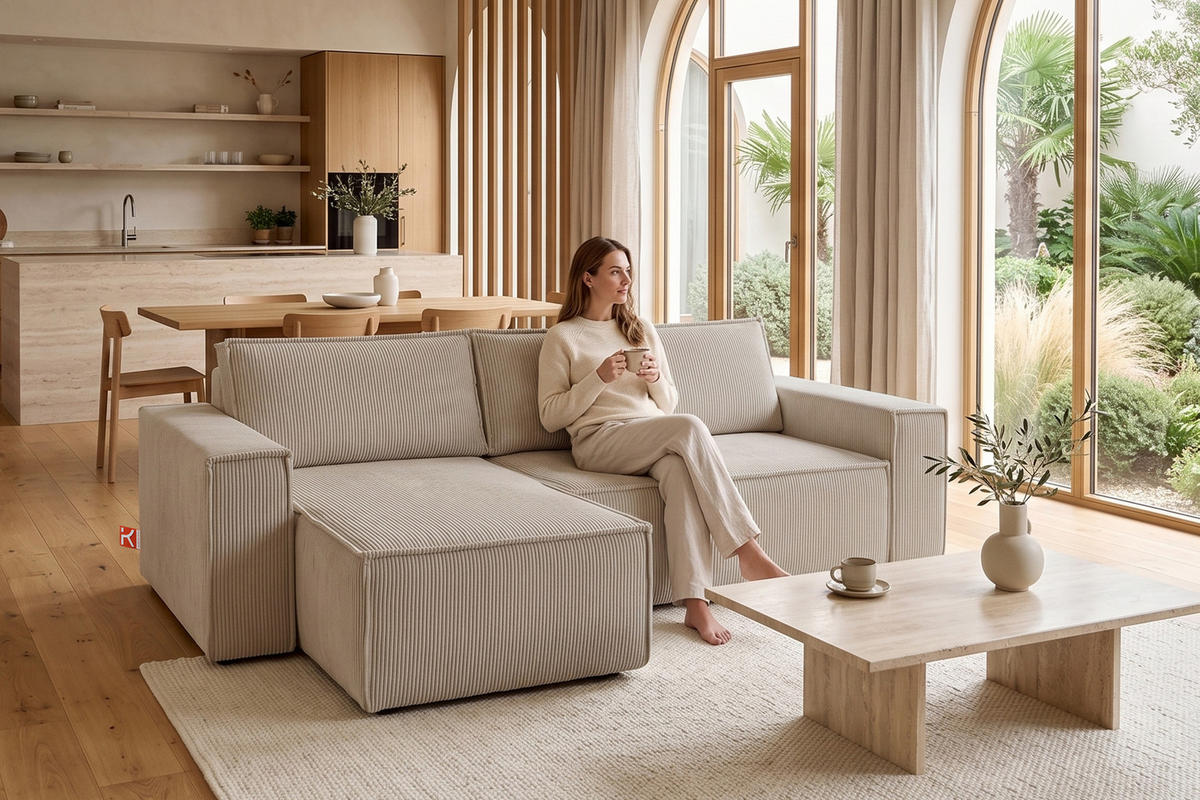 ECKSOFA-LINKS/RECHTS NAPI Schlaffunktion mit Cordbezug, Beige - Beige/Schwarz, Textil (262/148cm) - KONSIMO®