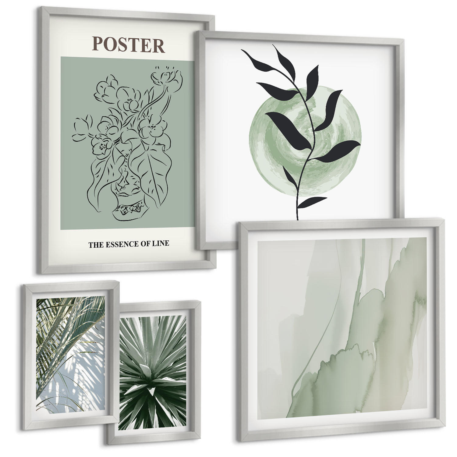 BILDER SET 5er Set - 50x50 cm & 20x30 cm & 40x60 cm Silberner Rahmen - Grün-beige Pflanzenmuster - Silberfarben, Kunststoff (40/60cm) - TULUP