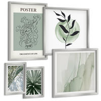 BILDER SET 5er Set - 50x50 cm & 20x30 cm & 40x60 cm Silberner Rahmen - Grün-beige Pflanzenmuster - Silberfarben, Kunststoff (40/60cm) - TULUP