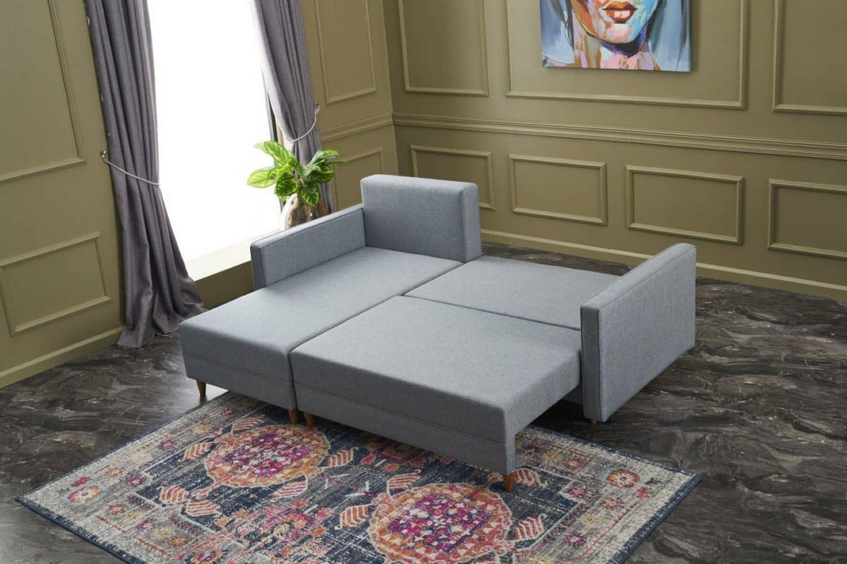 ECKSOFA mit Schlaffunktion, 215 cm Gesamtbreite - Blau/Braun, Holz/Buchenholz (215/150cm) - myHomelando
