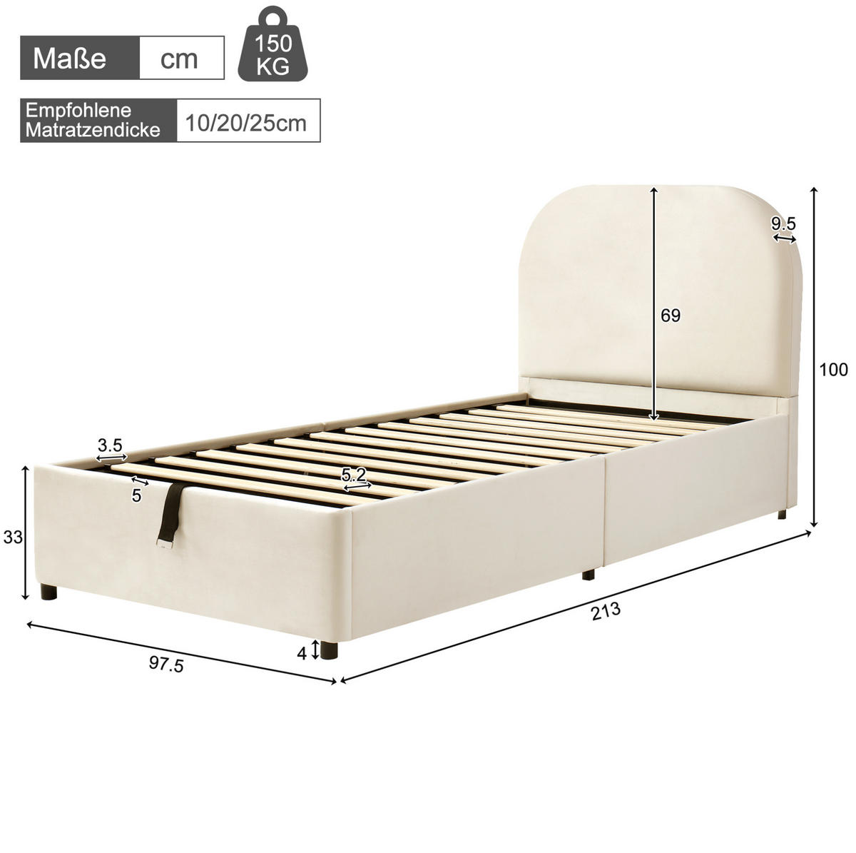 KINDERBETT 90/200 cm aus Samt mit hydraulischem Stauraum Beige - Beige, Textil (90/200cm) - Modenvie