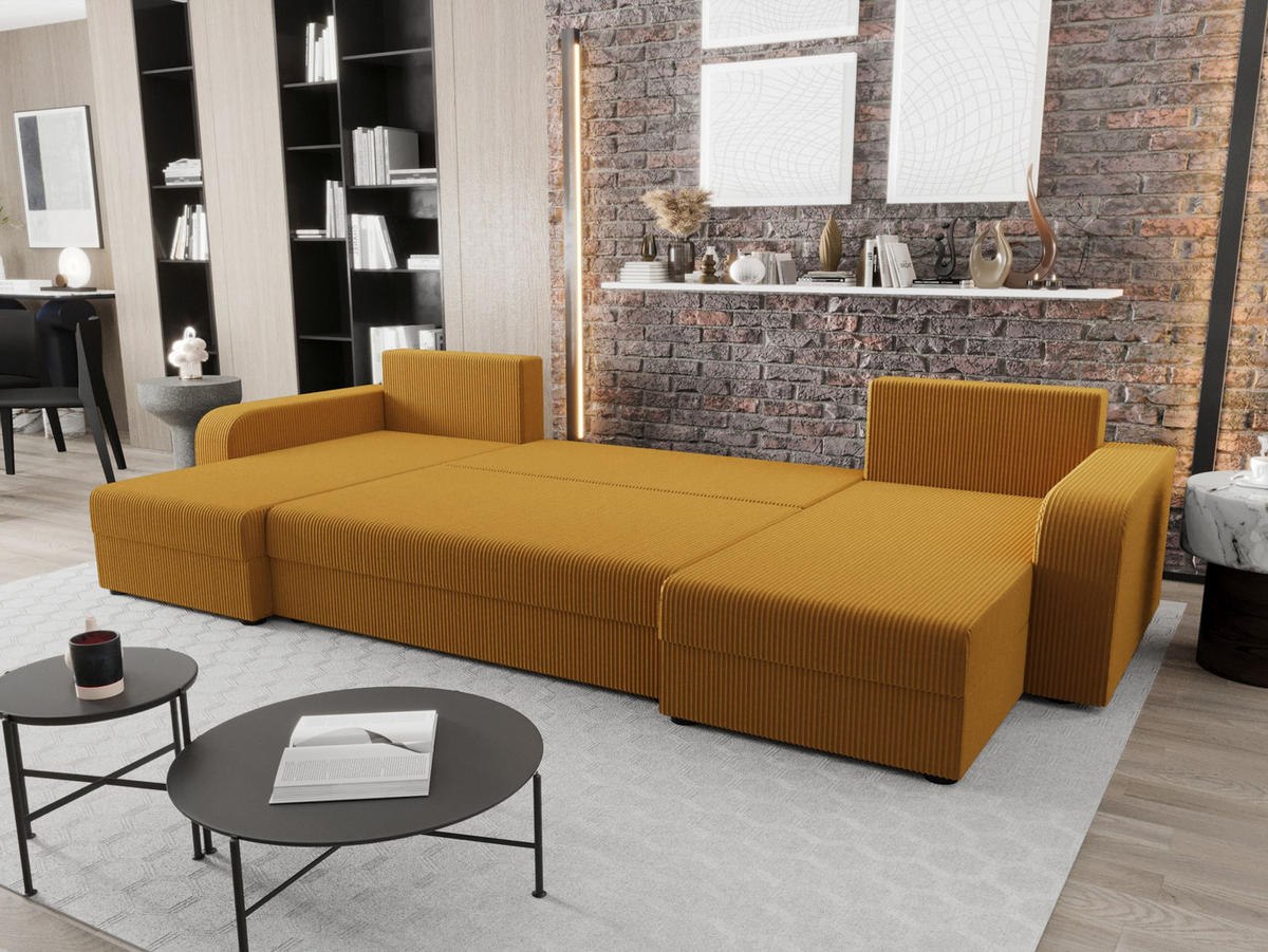 WOHNLANDSCHAFT HEWLET U BIS Zoom 9 mit Schlaffunktion - Currygelb, Textil (305/90/140cm) - Bedante