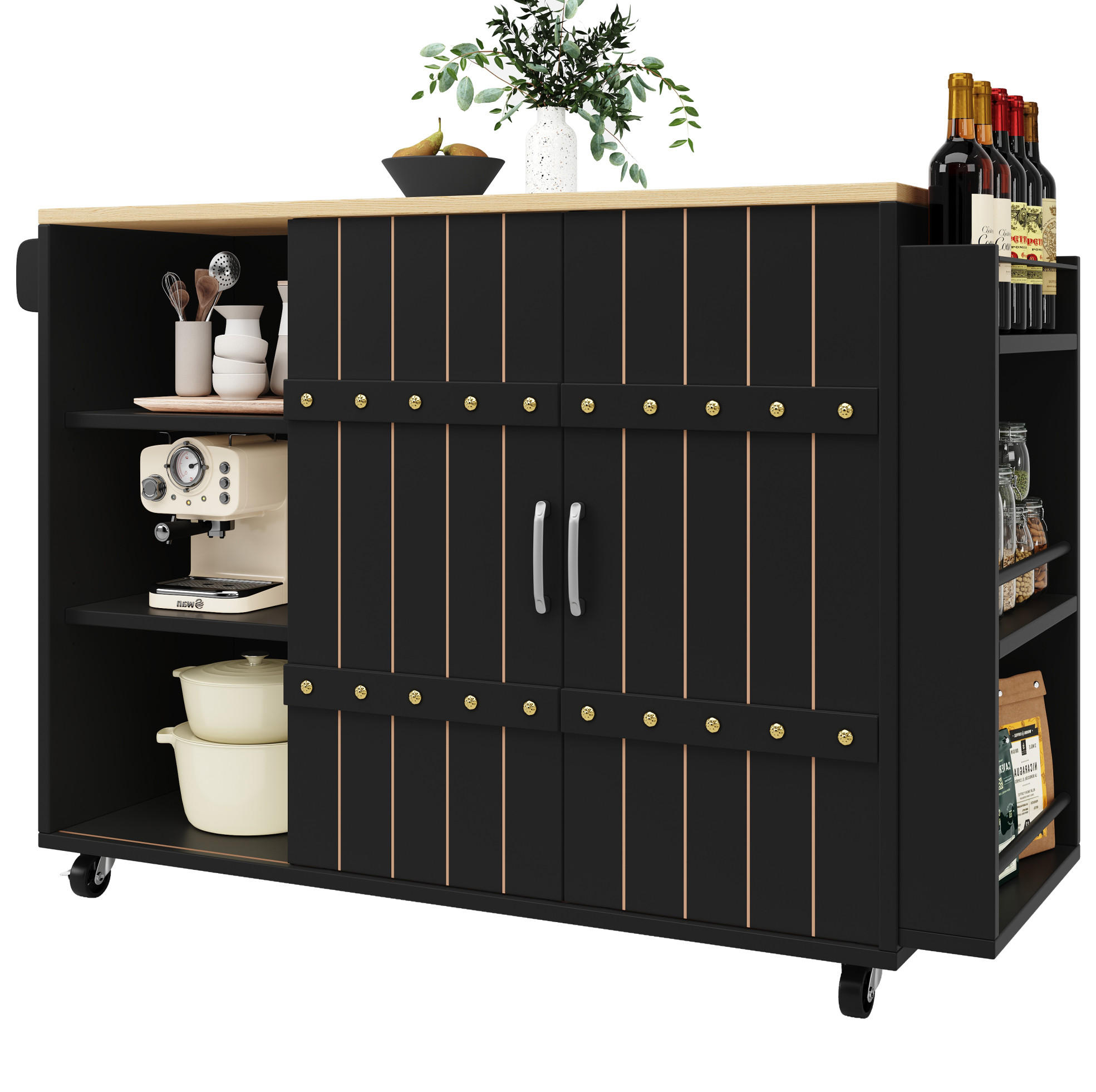 Modfu KUCHYŇSKÝ vozík z MDF 110x42x90 cm černý se sklopnou deskou, posuvnými dveřmi a 3 zásuvkami