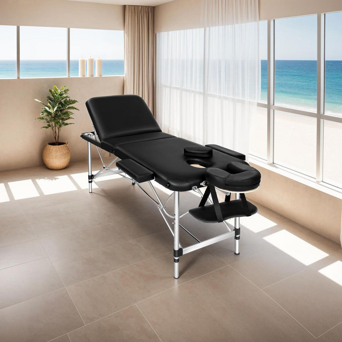 MASSAGELIEGE 3 Zonen, 210 x 95 x 90 cm,schwarz - Schwarz, Metall (61/68/180cm) - tectake
