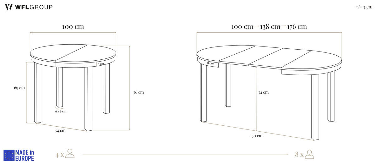 ESSTISCH Corin Schwarz runder ausziehbarer, Lefkas Eiche 100-176/100/76 cm - Alteiche/Schwarz, Holzwerkstoff/Metall (100/100/76cm) - WFL GROUP