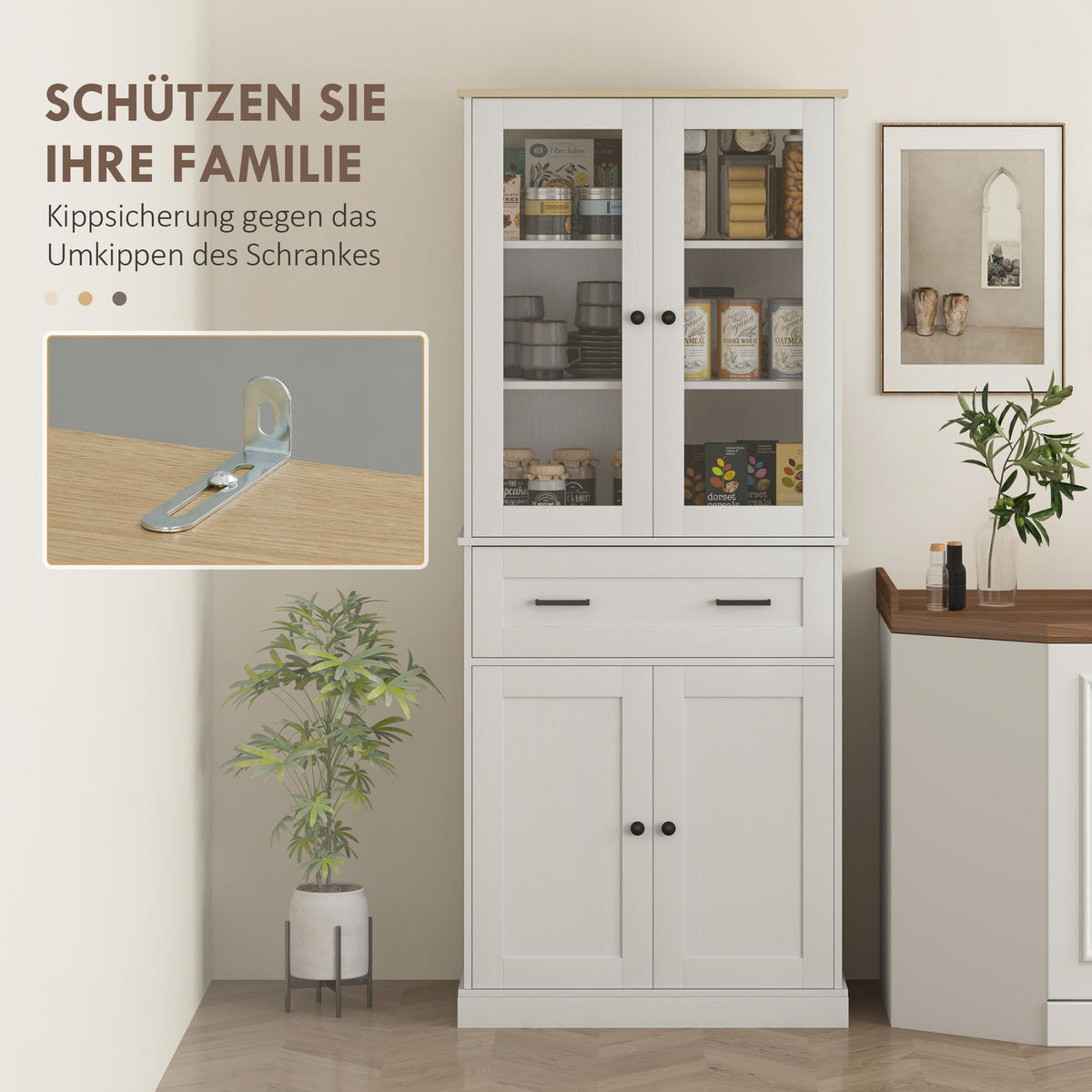 KÜCHENSCHRANK, Hochschrank mit Schublade, verstellbaren Einlegeböden, Cremeweiß - Creme/Schwarz, Holzwerkstoff/Metall (40/182.5/76cm) - HOMCOM