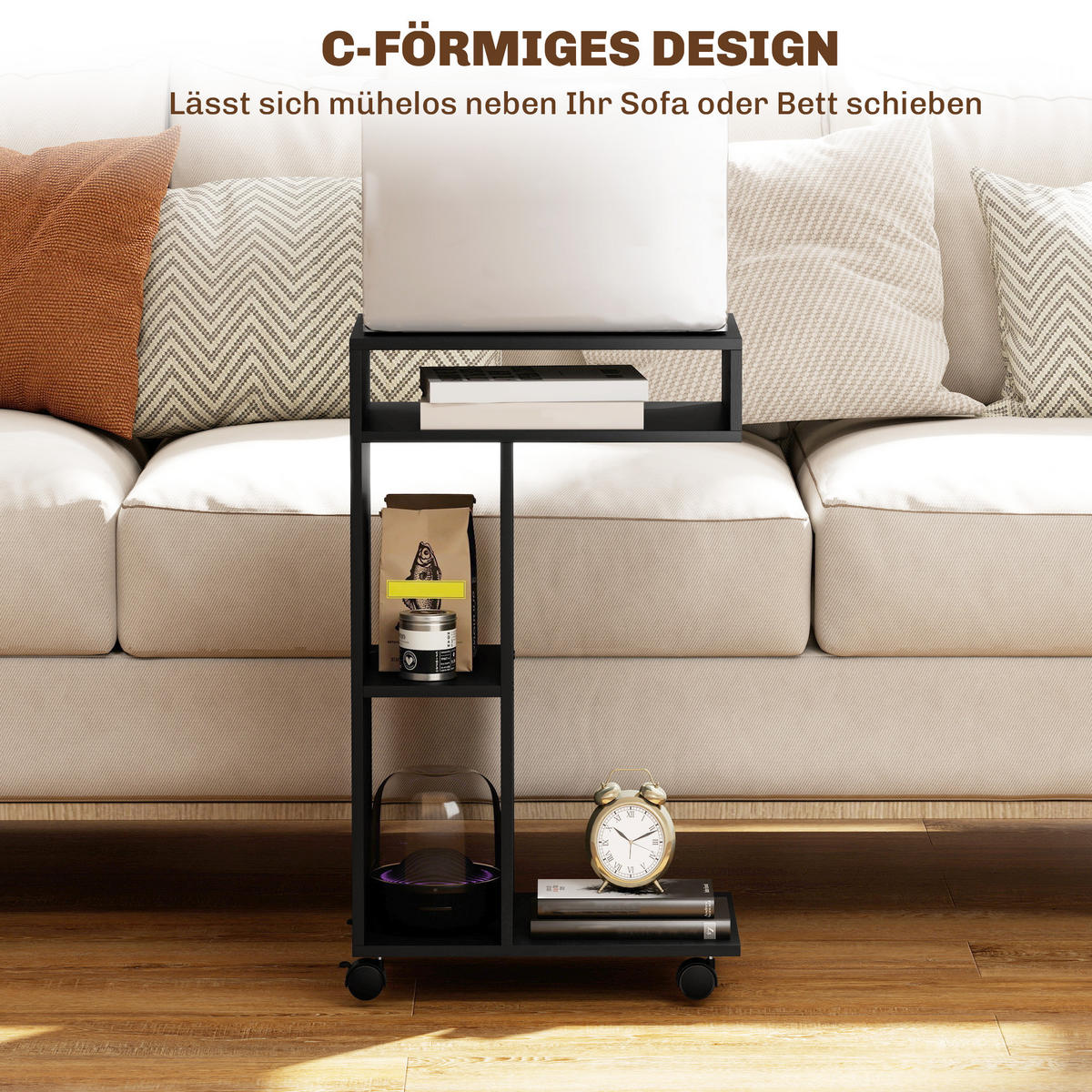 BEISTELLTISCH mit Rollen mit 4 Regalen, Sofatisch Schwarz - Schwarz, Holzwerkstoff (40/30/69cm) - HOMCOM
