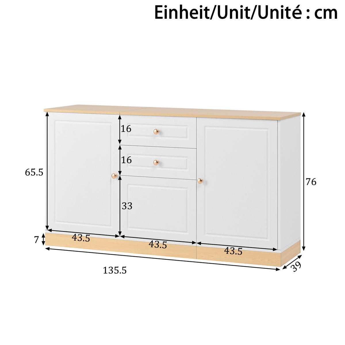 KOMMODE aus Spanplatte 135,5x39x76cm in Weiß mit Schubladen und Doppeltüren - Weiß, Holzwerkstoff (135.5/76/39cm) - Modfu