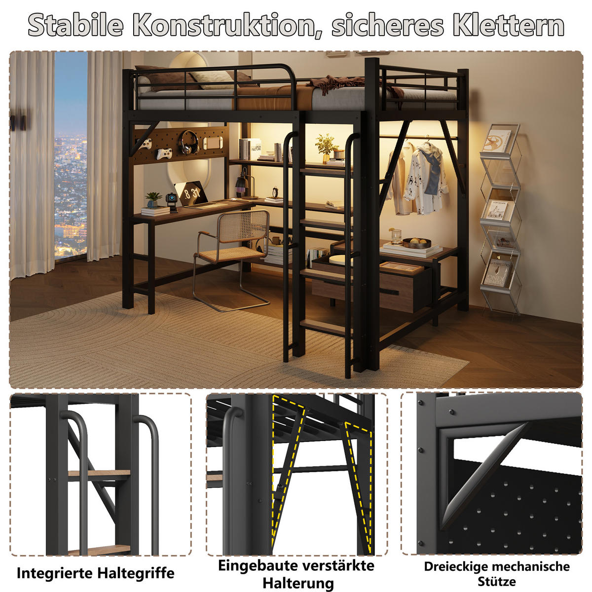 HOCHBETT 140x200cm, Eisen, Lochwand, Regale, Schubladen, Schreibtisch, USB, LED, Geländer, ohne Matratze, Schwarz - Schwarz, Holzwerkstoff (140/200cm)