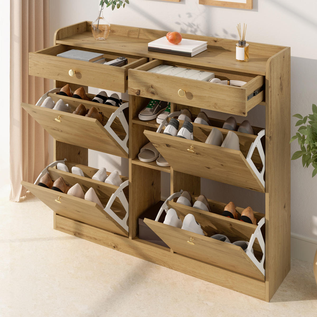 SCHUHSCHRANK aus Spanplatte 110x26x100cm in Natur mit 4 Klapptüren - Naturfarben, Holzwerkstoff (110/100/26cm) - Modfu