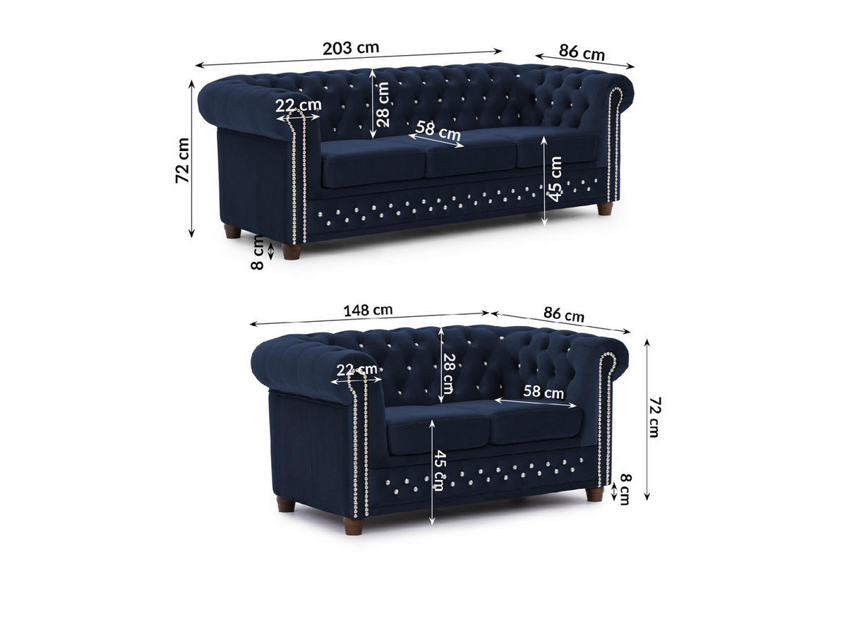 SITZGARNITUR 3+2 Chesterfield Cleo Blink Marineblau Samt mit Kristallsteppung und braunen Massivholzfüßen - Blau/Braun, Holz/Textil (203/72/86cm) - S-Style Möbel