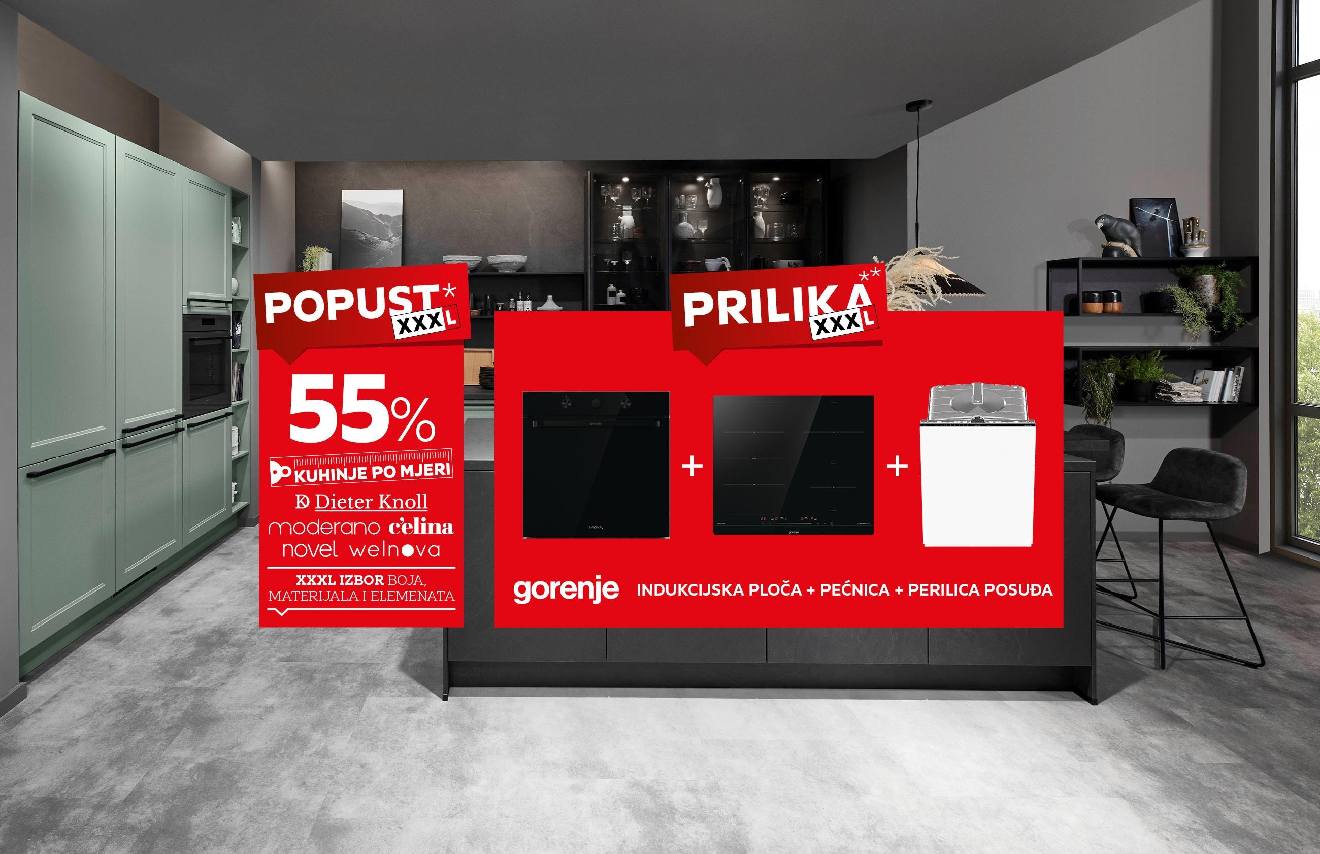 POPUST* XXXL 55% kuhinje po mjeri* Dieter Knoll, moderano, c'elina, novel, welnova / XXXL IZBOR BOJA, MATERIJALA I ELEMENATA / PRILIKA** XXXL gorenje indukcijska ploča + pećnica + perilica posuđa
