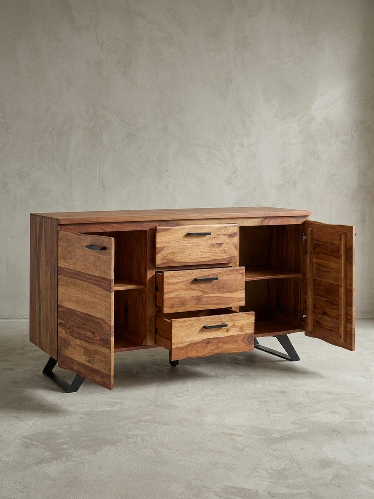 SIDEBOARD – Massivholz, 145x82x45 cm, mit Baumkante, Metallgestell - Schwarz/Braun, Holz/Metall (145/82/45cm) - KADIMA DESIGN