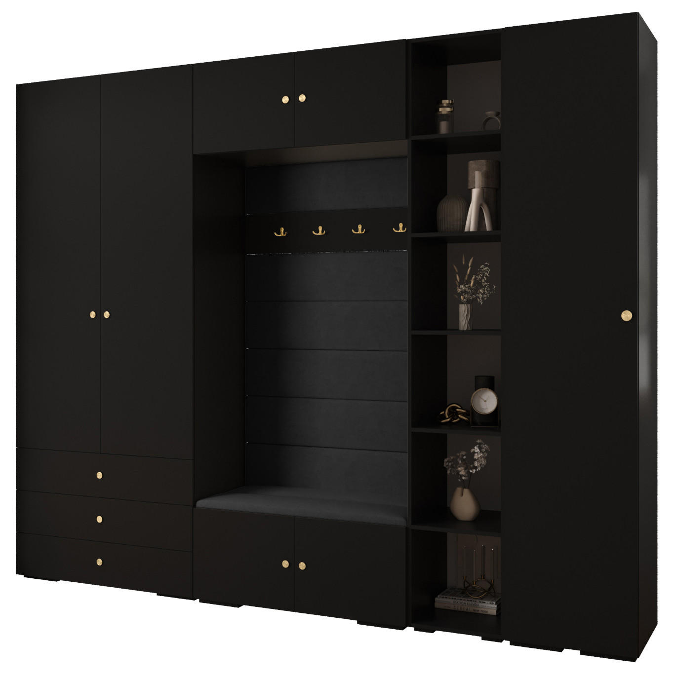 Abiks Möbel Garderoben-Set Schwarz, Schwarz, Gold 290x236.7x47 cm