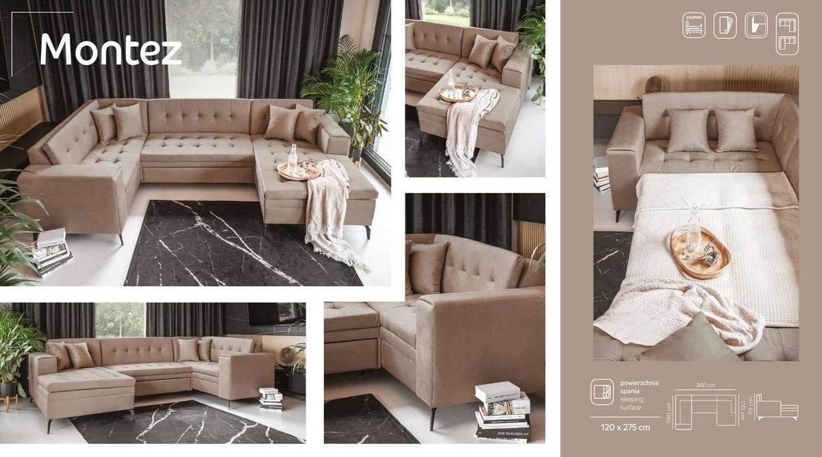 WOHNLANDSCHAFT mit Schlaffunktion, luxus Nube-Stoff - Beige/Schwarz, Textil/Metall (180/93/340cm) - Eltap