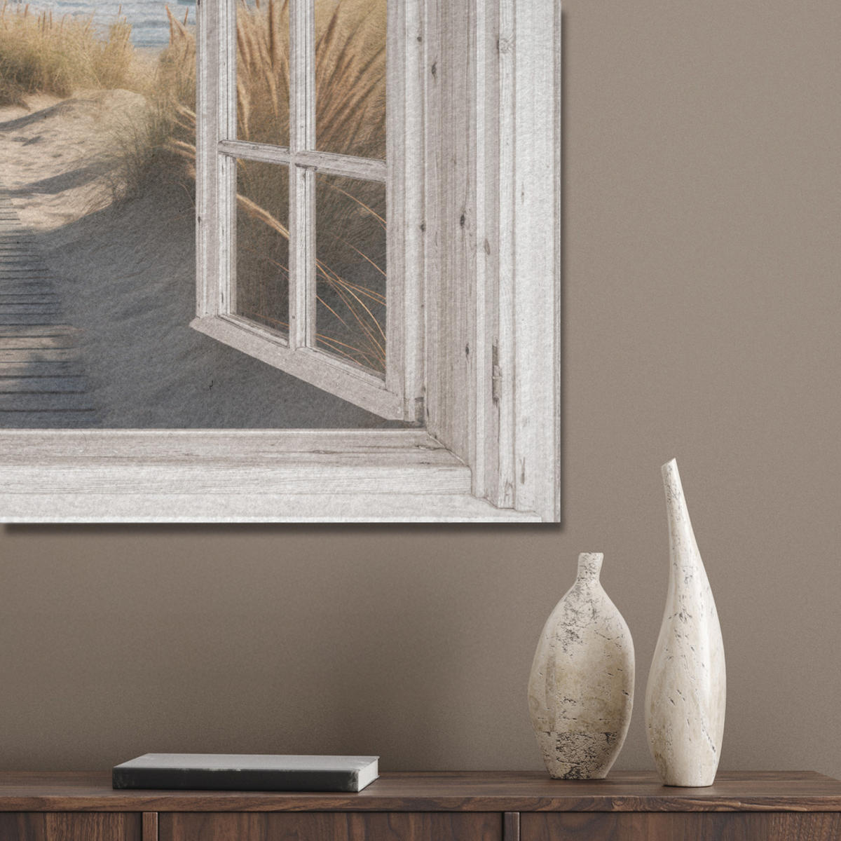 AKUSTIKPANEEL Fenster - Meer - Küste - Natur - Ausblick - Strand - Wattenmeer 80x60 cm - Beige, Textil (80/0.9/60cm) - MuchoWow
