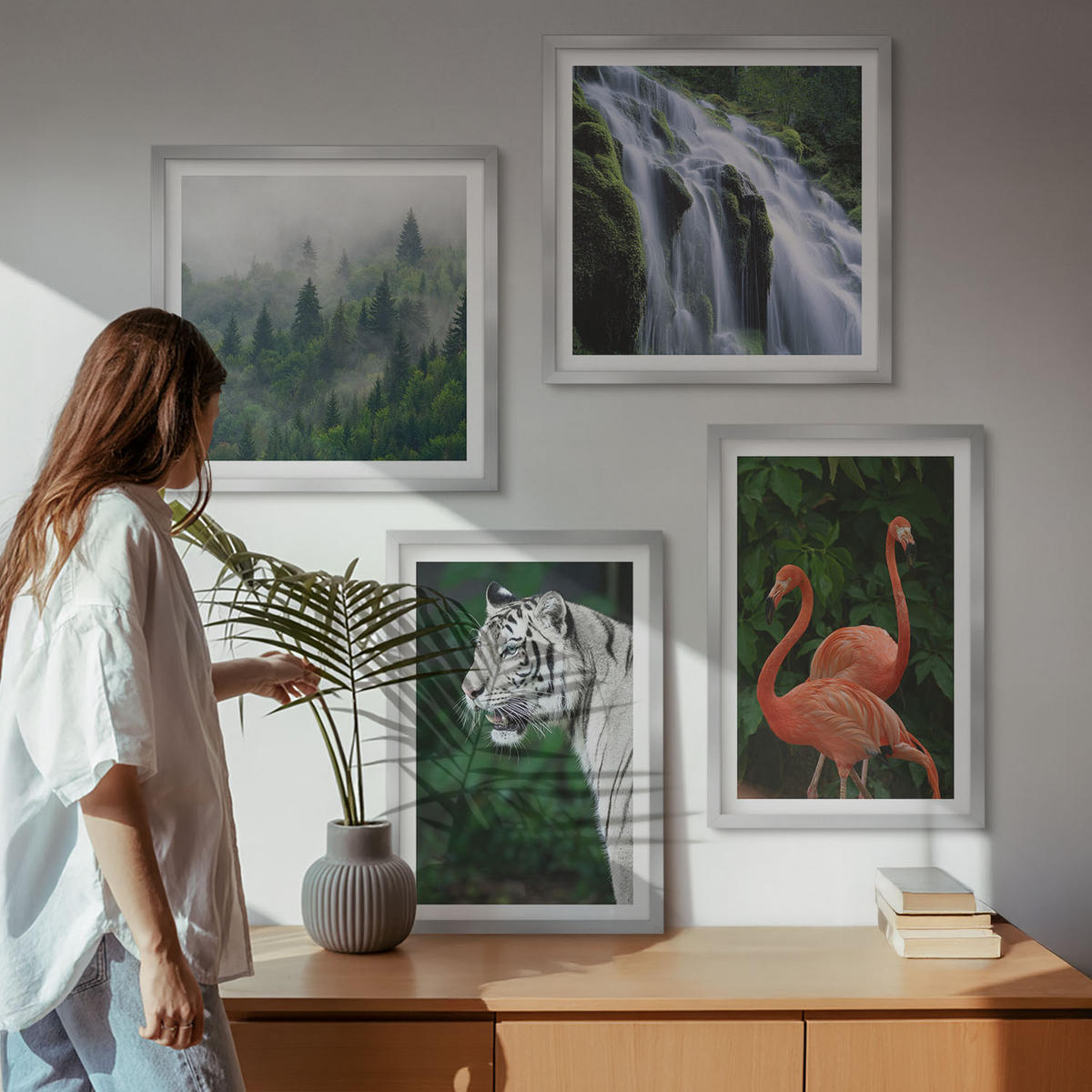WANDBILDER 4er Set - 50x50 cm & 40x60 cm Silberner Rahmen - Tiger Wasserfall Flamingos Natur - Silberfarben, Kunststoff (50/50cm) - ArtPrintCave