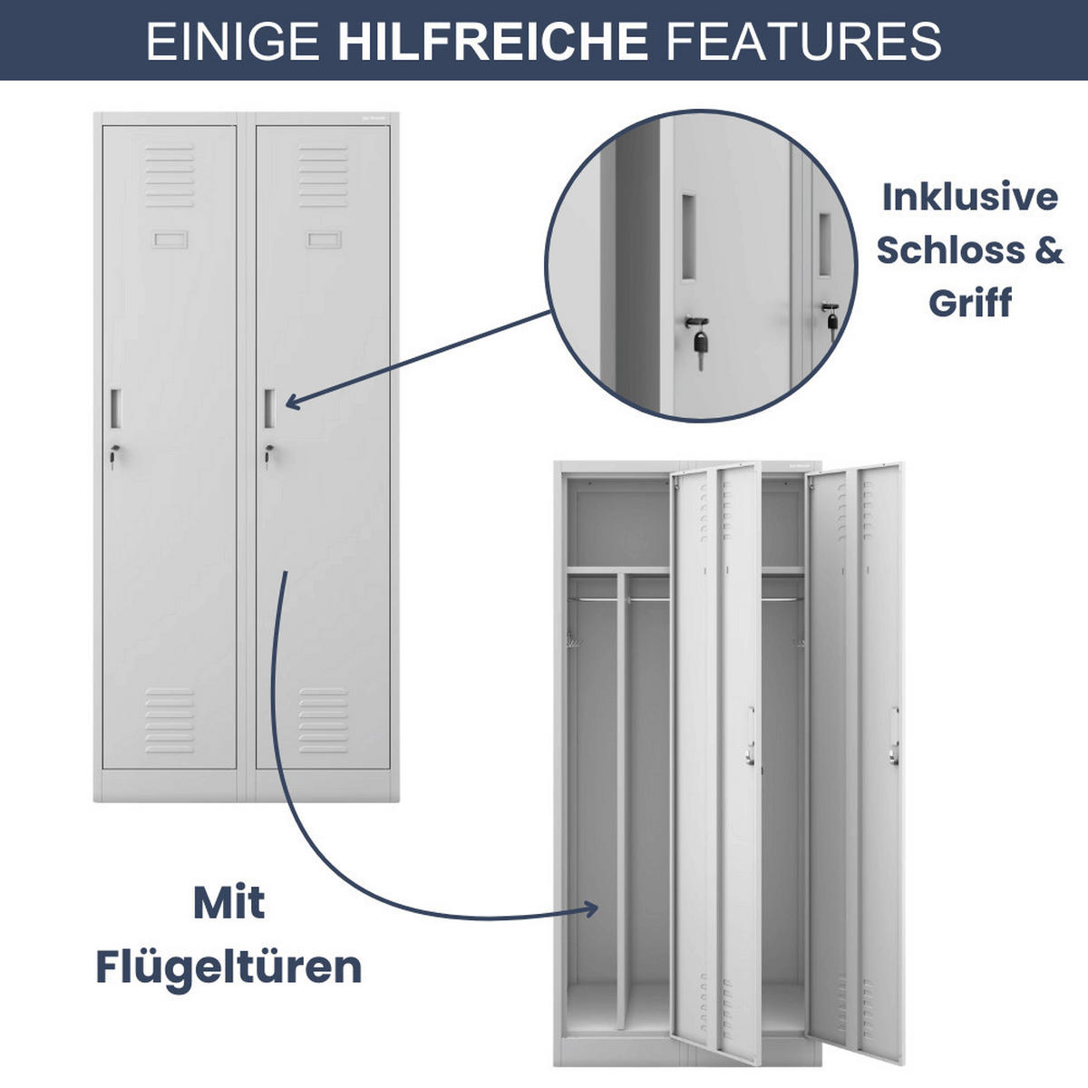 UMKLEIDESCHRANK Spind WIEN 2 Abteile 180x80x50cm Grau - Grau, Metall (80/180/50cm) - DELUKE
