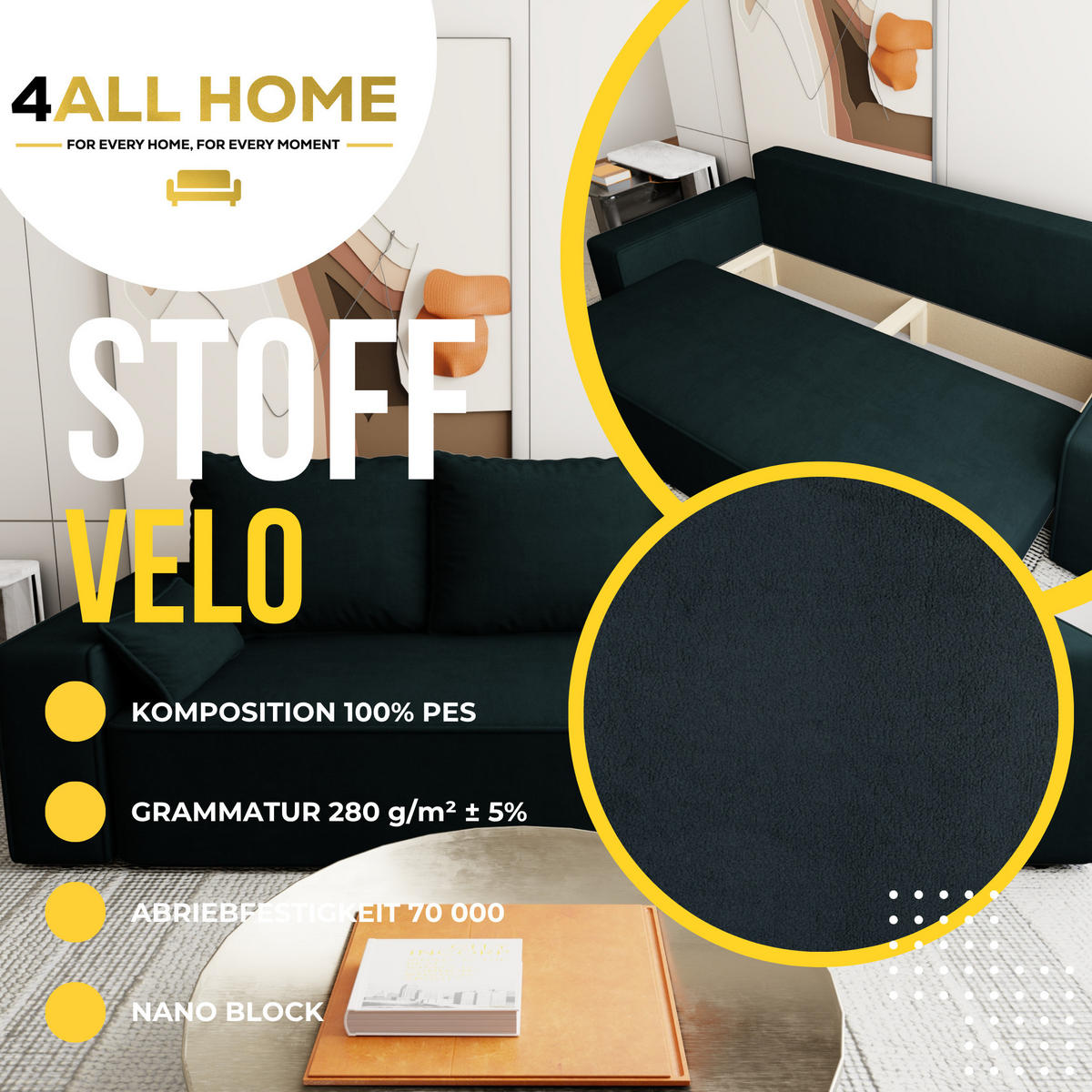 SOFA Veno mit Bettkasten und Schlaffunktion, Velourstoff - Anthrazit, Holzwerkstoff (242/85/95cm)